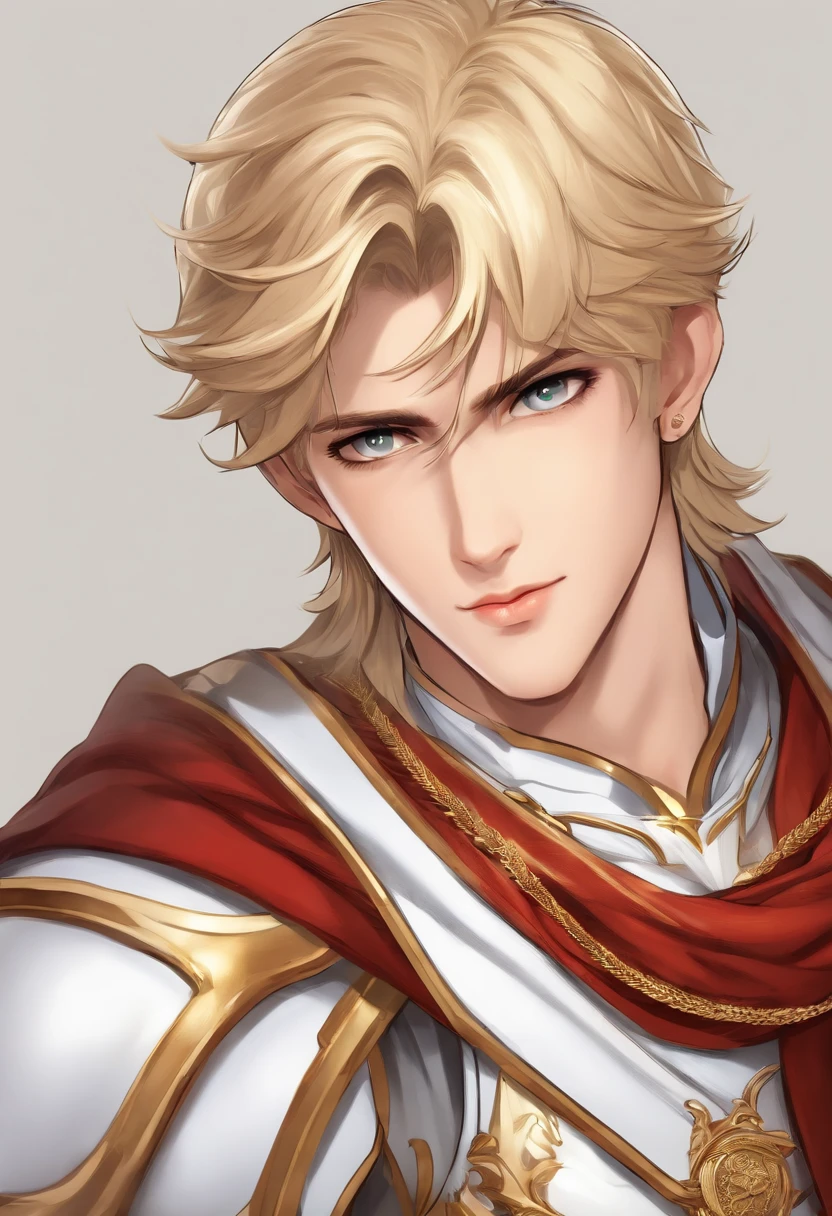 Best quality, masterpiece, ultra high resolution, white background, realistic, hadesstyle, retracted from a 16-year-old prince on the battlefield, short blonde hair, amber eyes, Imperial Prince armor, cape, depth of field kalki 10 th avatar or lord vishnu style manga