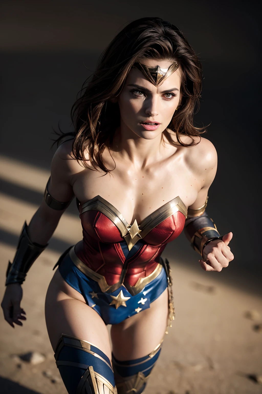 Stana Katic as Wonder Woman, wearing sexy Wonder Woman armor, (dynamic pose), (hyper realistic:1.4), (realistic:1.3), (best quality real texture skin), full body, (Cinematic Light), highly detailed skin, skin pores, (highly detailed face:1.1), (highly detailed eyes:1.1), realistic pupils, (perfect anatomy:1.1), (perfect proportions:1.1), (photography:1.1), (photorealistic:1.1), volumetric lighting, dynamic lighting, real shadows, (highres:1.1), sharp focus, daylight, (realistic, hyperrealistic:1.4), intricate, high detail, dramatic, subsurface scattering, big depth of field, vivid, polished, sharpened, ((full Sharp)), (extremely absurdres),8k hdr