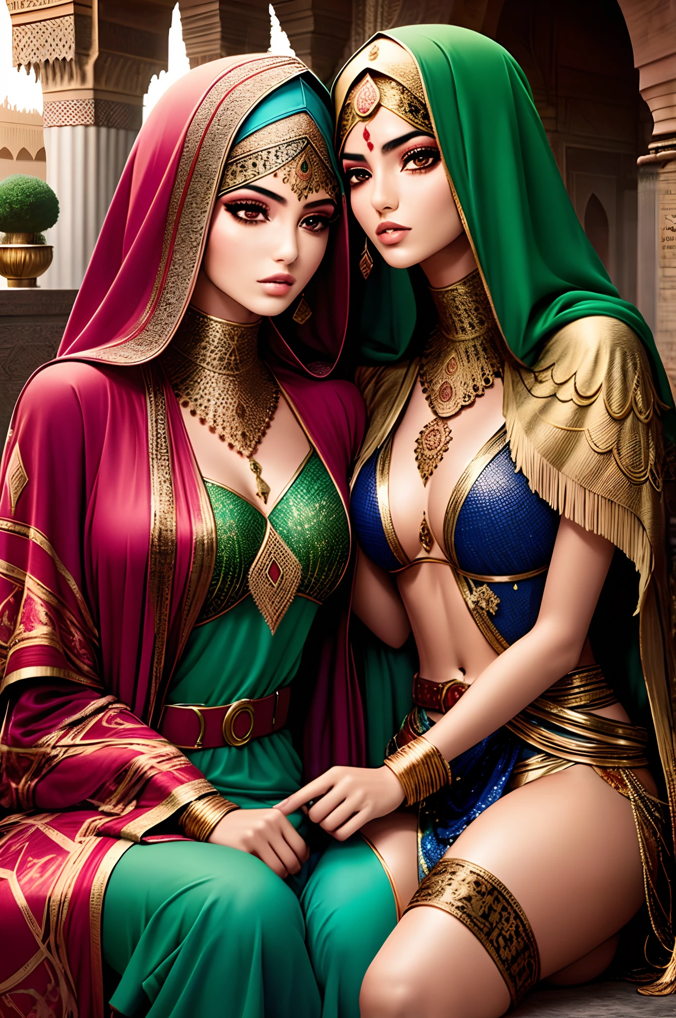 model shoot,Mavtan Moroccan Islamic surreal super detail,a couple of lesbians sitting together,stroking,touching each other,Dynamic pose,leering,(fantastical belt,fantastical robes,Fantastical ribbons)