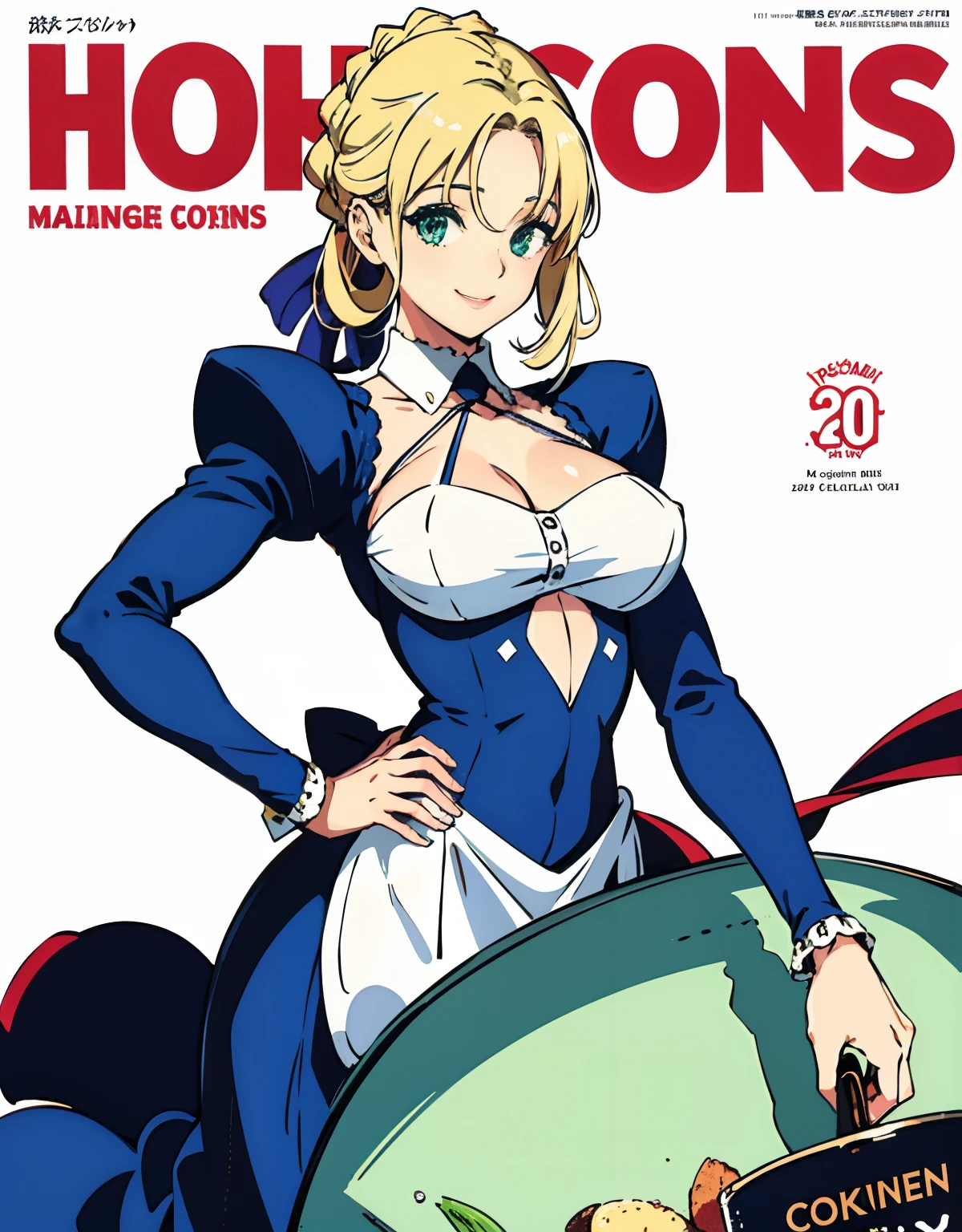 (Best Quality, Masterpiece),sexy mommy, Front cover of a women's cooking magazine, erotic, 18+, nsfw, 1girl, 30 years old, stunning, cute, smile, hourglass figure, Maid costume, beautiful food, text, diagrams, advertisements, magazine title, long blonde hair,green detailed sparkling eyes,One strand of hair hangs down over his forehead