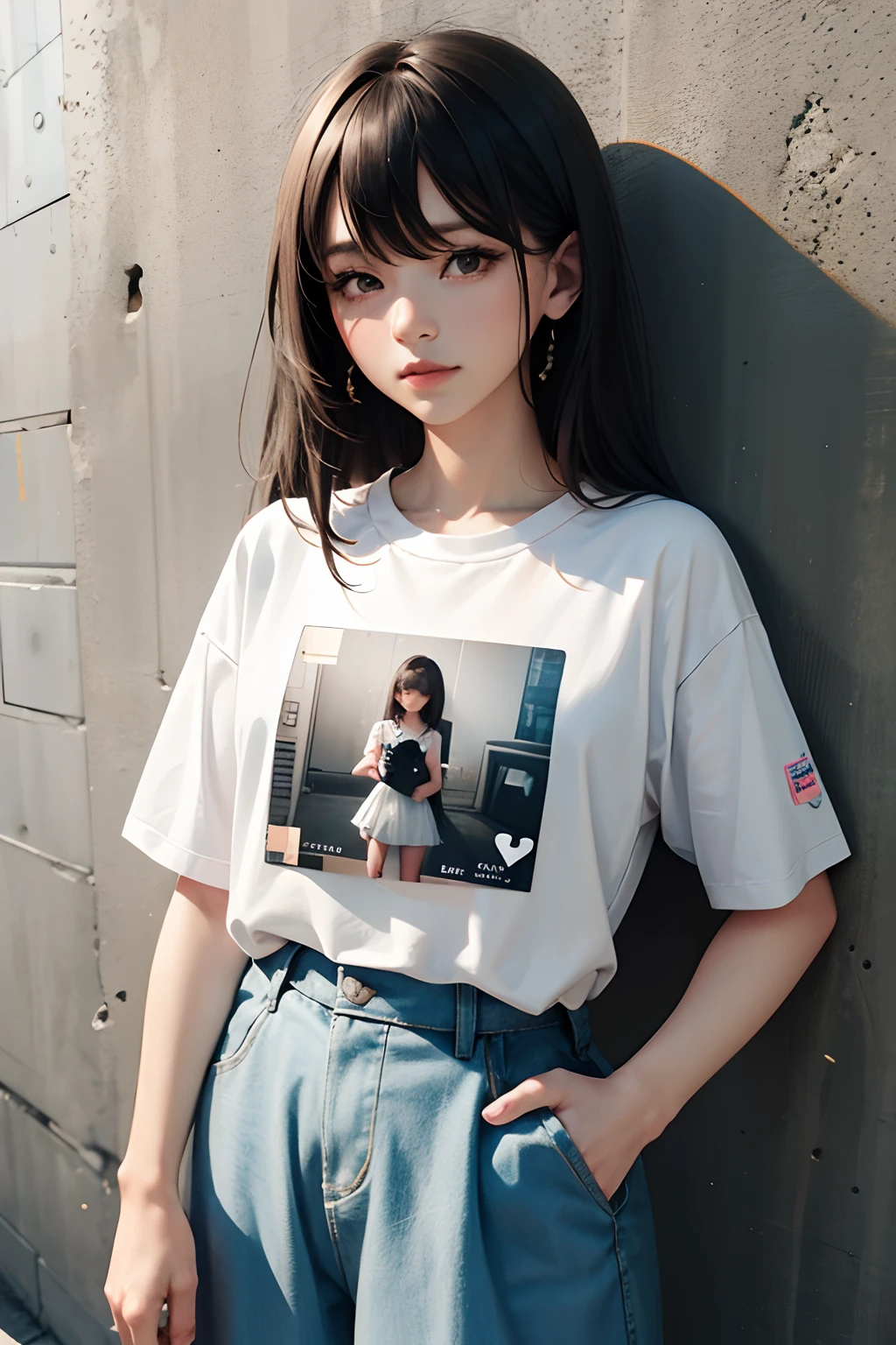 Old Polaroid ,Idol girl Crystal Peekaboo Tee, standing against the wall,macro editorial photo