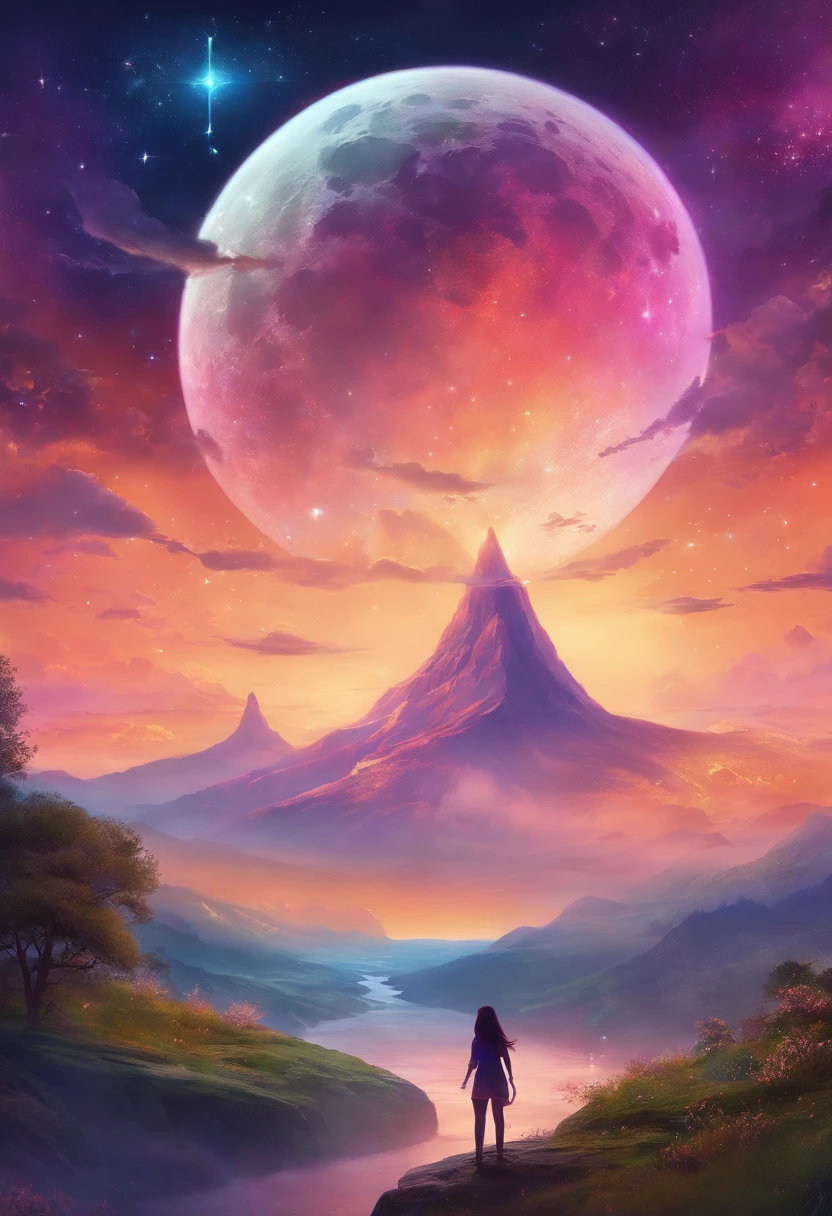expansive landscape photograph , (a view from below that shows sky above and open field below), a girl standing on flower field looking up, (full moon:1.2), ( shooting stars:0.9), (nebula:1.3), distant mountain, tree BREAK
production art, (warm light source:1.2), (Firefly:1.2), lamp, lot of purple and orange, intricate details, volumetric lighting BREAK
(masterpiece:1.2), (best quality), 4k, ultra-detailed, (dynamic composition:1.4), highly detailed, colorful details,( iridescent colors:1.2), (glowing lighting, atmospheric lighting), dreamy, magical, (solo:1.2)