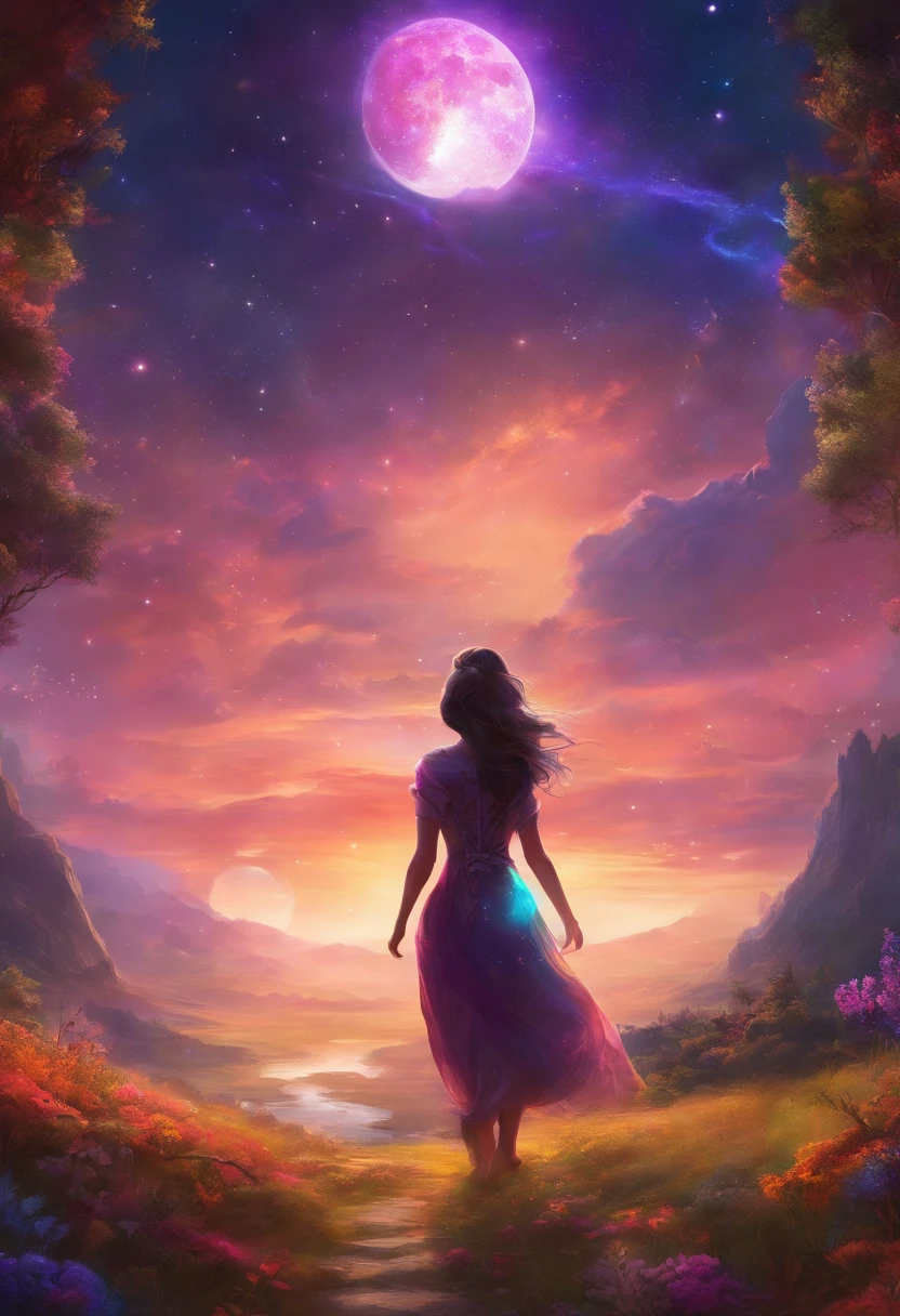 expansive landscape photograph , (a view from below that shows sky above and open field below), a girl standing on flower field looking up, (full moon:1.2), ( shooting stars:0.9), (nebula:1.3), distant mountain, tree BREAK
production art, (warm light source:1.2), (Firefly:1.2), lamp, lot of purple and orange, intricate details, volumetric lighting BREAK
(masterpiece:1.2), (best quality), 4k, ultra-detailed, (dynamic composition:1.4), highly detailed, colorful details,( iridescent colors:1.2), (glowing lighting, atmospheric lighting), dreamy, magical, (solo:1.2)