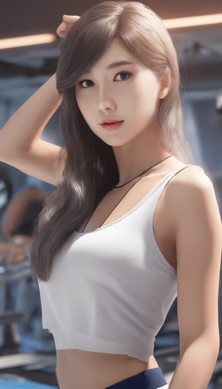 4k high quality, studio setup, 3 point lighting, cinematic photo shoot, soft lighting, realistic lighting, japan girl with beautiful body, beautiful face, wearing sport shorts, t-shirt, slim body, smiling at camera, seductive pose