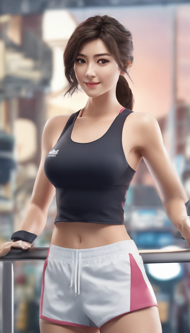 (8k, RAW photo, best quality, mastery:1.2), (realistic, photo-realistic:1.37),1girl,cityscape, night, rain, wet, professional lighting, photon mapping, radiosity, Chinese Doll,torn,chemise, large Image breasts, nurses, sportswear, left eye closed, happy, smile