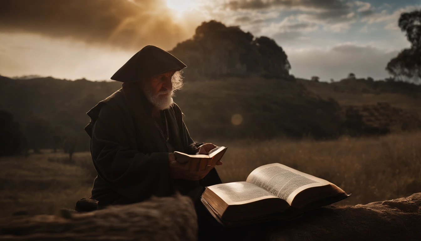 (Biblical times) ao (Left side of the image is an old man holding a luminous book in his hands) ao (Right side of the image there is a scary demon) (Biblical times) profundidade de campo, Bokeh, realismo, fotorrealista, hiper-realismo, fotografia profissional, 8k UHD , DSLR, HDR , piece of master, melhor qualidade, filme granulado, pintura fotorrealista, Fujifilm XT3