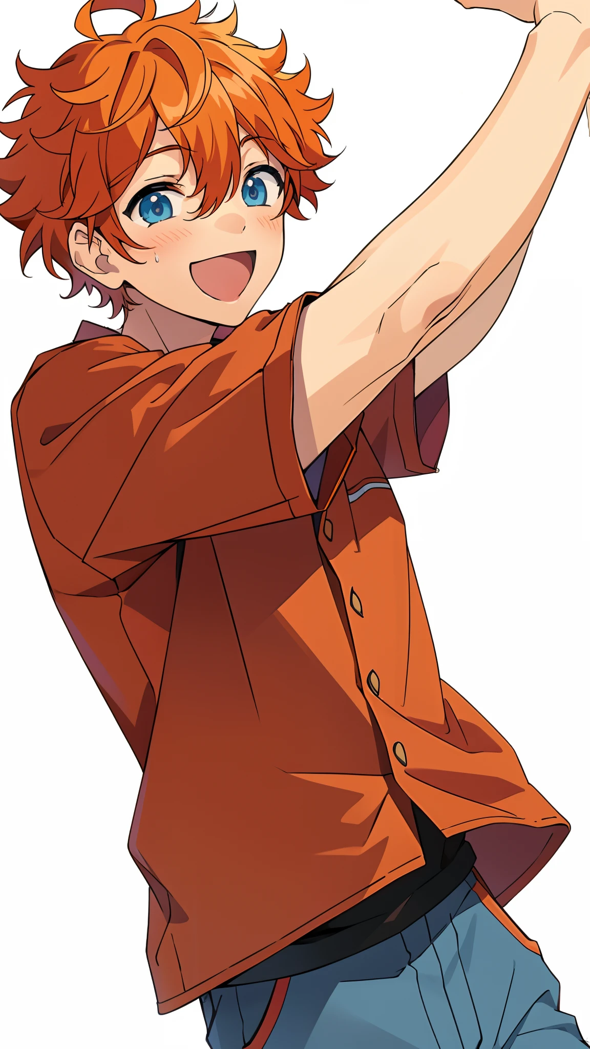 masterpiece, best quality, absurdres, cute, ultra-detailed, perfect anatomy, akehoshi subaru, ensemble stars, solo, smile, open mouth, blue eyes, simple background, shirt, 1boy, white background, male focus, pants, orange hair