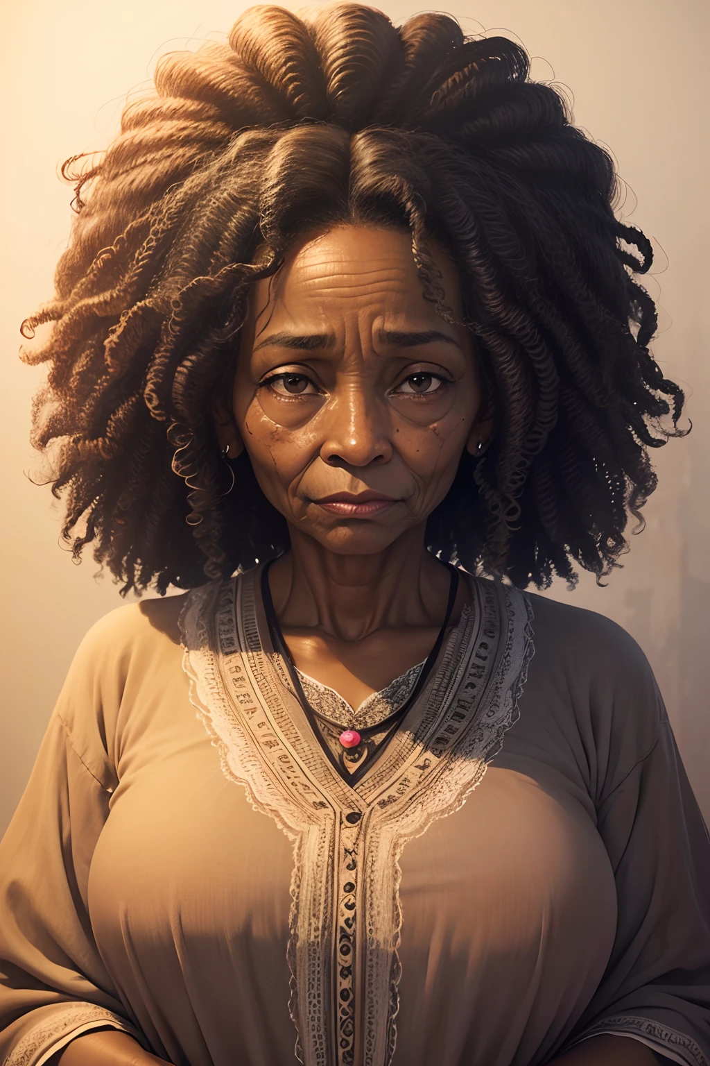 Black woman. old. Tired. Wrinkles. Curly hair. Tired eyes, soft smile.