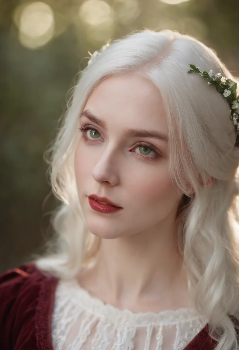 (((a deep reddish wound crosses her left cheek))) fair complexion, woman around 19 years old, natural white hair, distinctive green eyes, wearing kohl, slender and graceful, beautiful, candlelight in a medieval setting, ultra sharp focus, realistic shot, medieval female clothes, tetradic colors (scar:1.4)