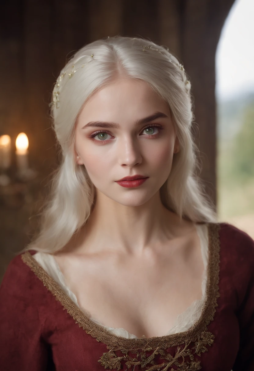 (((a deep reddish wound crosses her left cheek))) fair complexion, woman around 19 years old, natural white hair, distinctive green eyes, wearing kohl, slender and graceful, beautiful, candlelight in a medieval setting, ultra sharp focus, realistic shot, medieval female clothes, tetradic colors (scar:1.4)