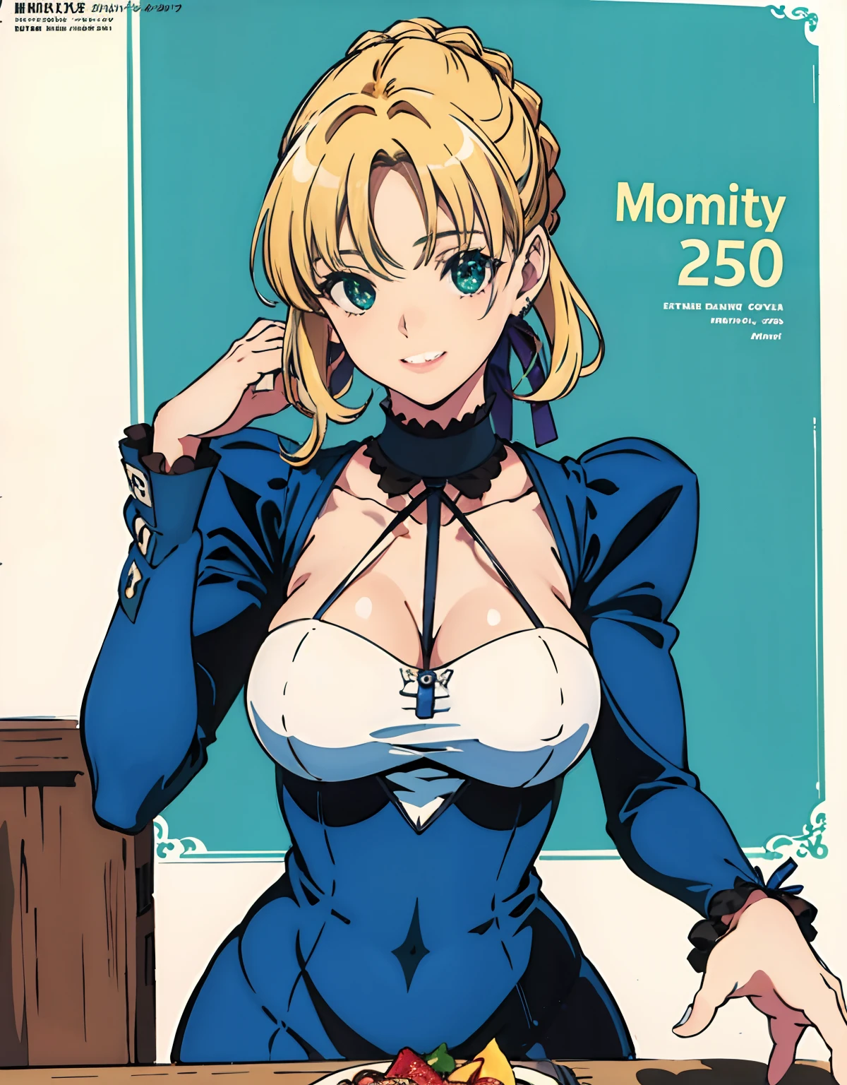 (Best Quality, Masterpiece),sexy mommy, Front cover of a women's cooking magazine, erotic, 18+, nsfw, 1girl, 30 years old, stunning, cute, smile, hourglass figure, Maid costume, beautiful food, text, diagrams, advertisements, magazine title, long blonde hair,green detailed sparkling eyes,One strand of hair hangs down over his forehead
