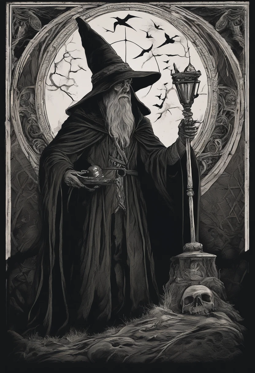 Crie um desenho aterrorizante de um bruxo bruxo. This wizard is a being of darkness, his face is skeletal, com olhos afundados e sem pupila, apenas uma chama ardente. Their skin is stretched like parchment and covered in mysterious runes that seem to move. on the headpiece, He wears a wide-brimmed hat, cujas sombras escondem seu rosto, e pingando dele pingando com cera derretida, as if the hat were a lit candle. His torn black cloak seems to be made of living shadows that stretch to infinity. The wizard holds a twisted staff with a human skull at the end, e um escuro, viscous substance oozes from the skull. Around it is a circle of candles that burn in green flames and exude a sulfurous smell. The background is dark and full of sinister shadows.