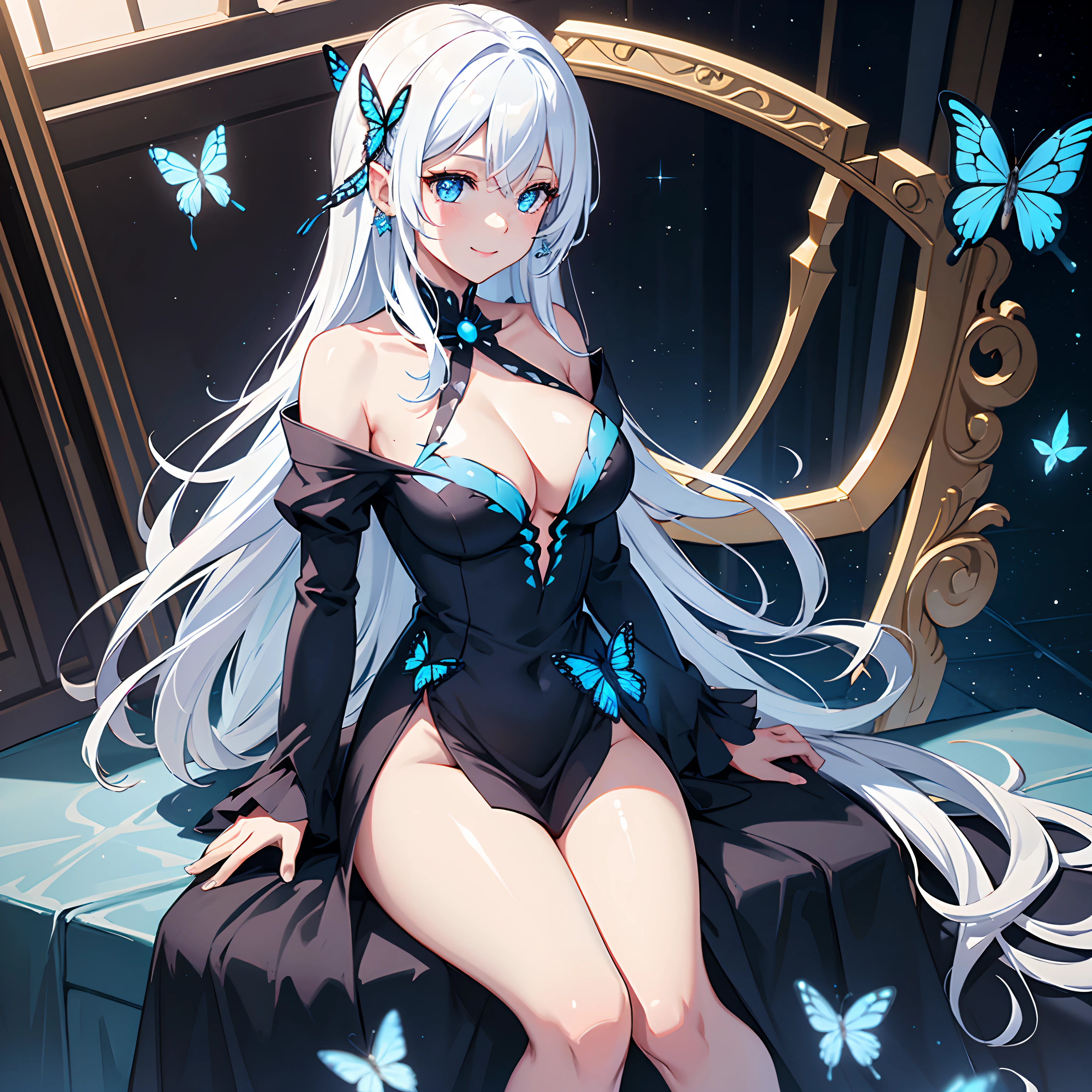 ray tracing, vibrant colors, girl, masterpiece, sharp focus, best quality, depth of field, cinematic lighting, detailed outfit, perfect eyes, rich in details and textures, white hair, blue eyes, black and blue theme, black and blue dress, indoors, smiling, blue butterfly, bug, butterfly, sparkle, glowing butterfly:1.5, red butterfly, white butterfly, butterfly hair ornament, butterfly wings:1.4, starry sky, shooting star, long hair, sitting, thighhighs, light particles, diffraction spikes, jewelry, very long hair, darkness, standing, full body shot, profile, large breasts