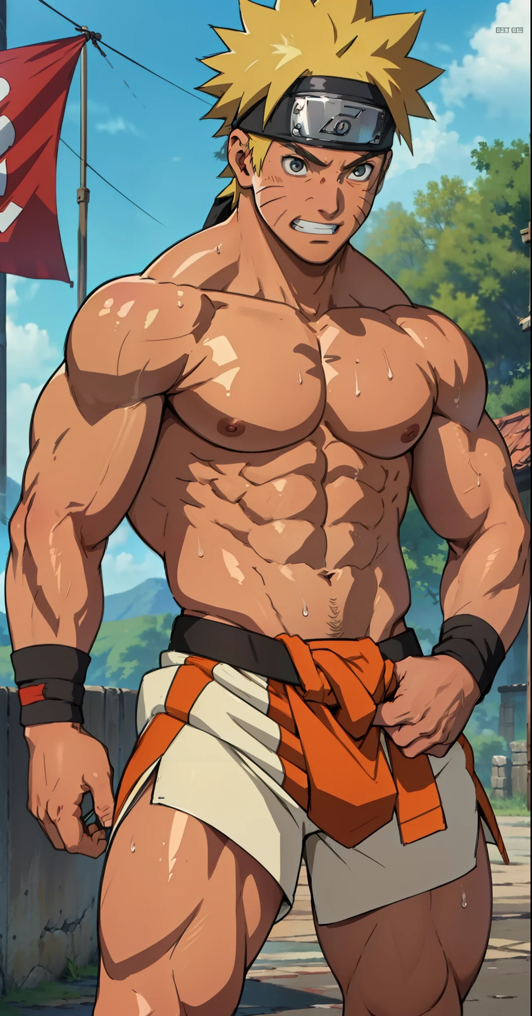 (Full body) (photo subject: Close-up of muscular thigh muscles ) (photo angle from bottom up)(Drawings of Naruto anime) (photo angle from the ground upwards) [Anime photo][highest quality photo][4k,HD photo quality ] wear tight and short loincloths soaking wet,the loincloth bulges due to the erect male genitals  (muscular thigh muscles, firm thigh muscles, muscular thigh muscles, sinewy thigh muscles, giant thigh muscles, strong leg muscles, muscular hamstring leg muscles) ,Uzumaki Naruto fun, happy ,delighted, bodybuilder,bodybuilding, standing, red skin, pink skin, tanned skin,reddish brown skin, lots of sweat flowing down, topless, shirtless, hot sunny, (do not wear banners,do not wear headbands)