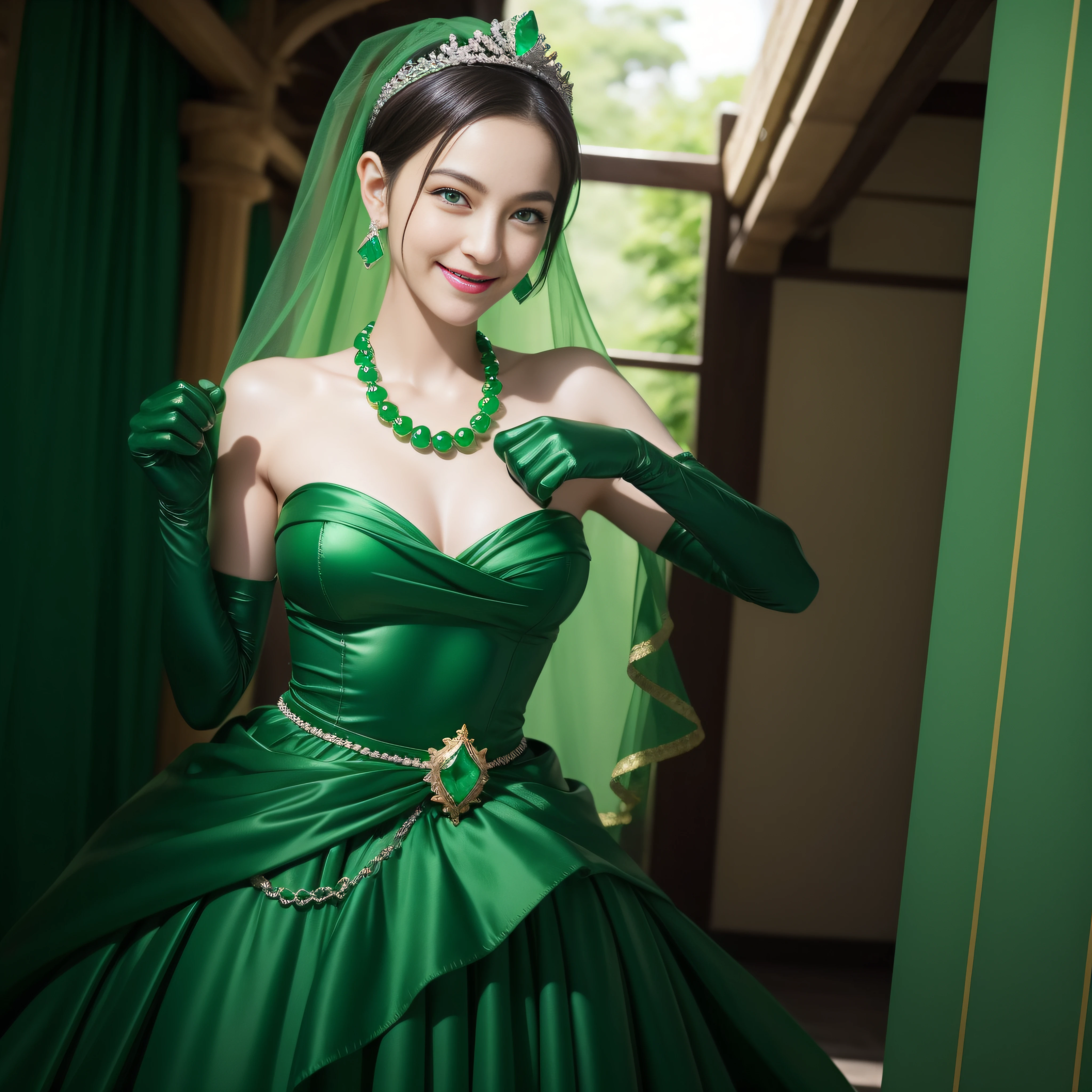 emerald tiara, Green Pearl Necklace, Boyish very short green hair, lipsticks, Japan woman smiling, very short short hair, fist, big breasts beautiful, Green eyes, Long green gloves made of satin material, Green eyes, Emerald Earrings