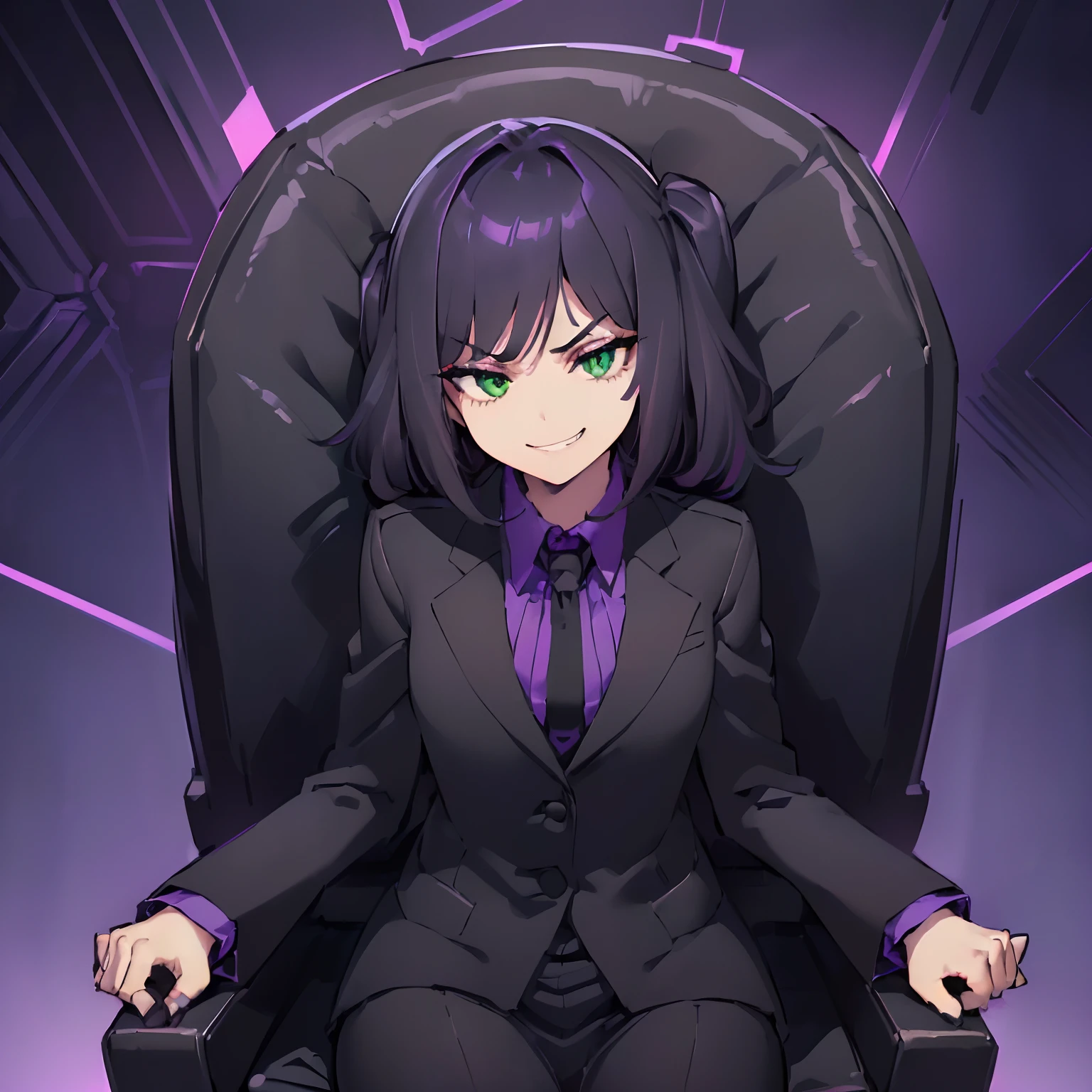 (((1girl, cheeky looking buisness woman with a devious grin, black buisness suit, black dyed hair, green eyes, small bust, making a smug and haughty expression, sitting in an office chair, dark atmosphere, dystopian, dim purple pink lighting)))
