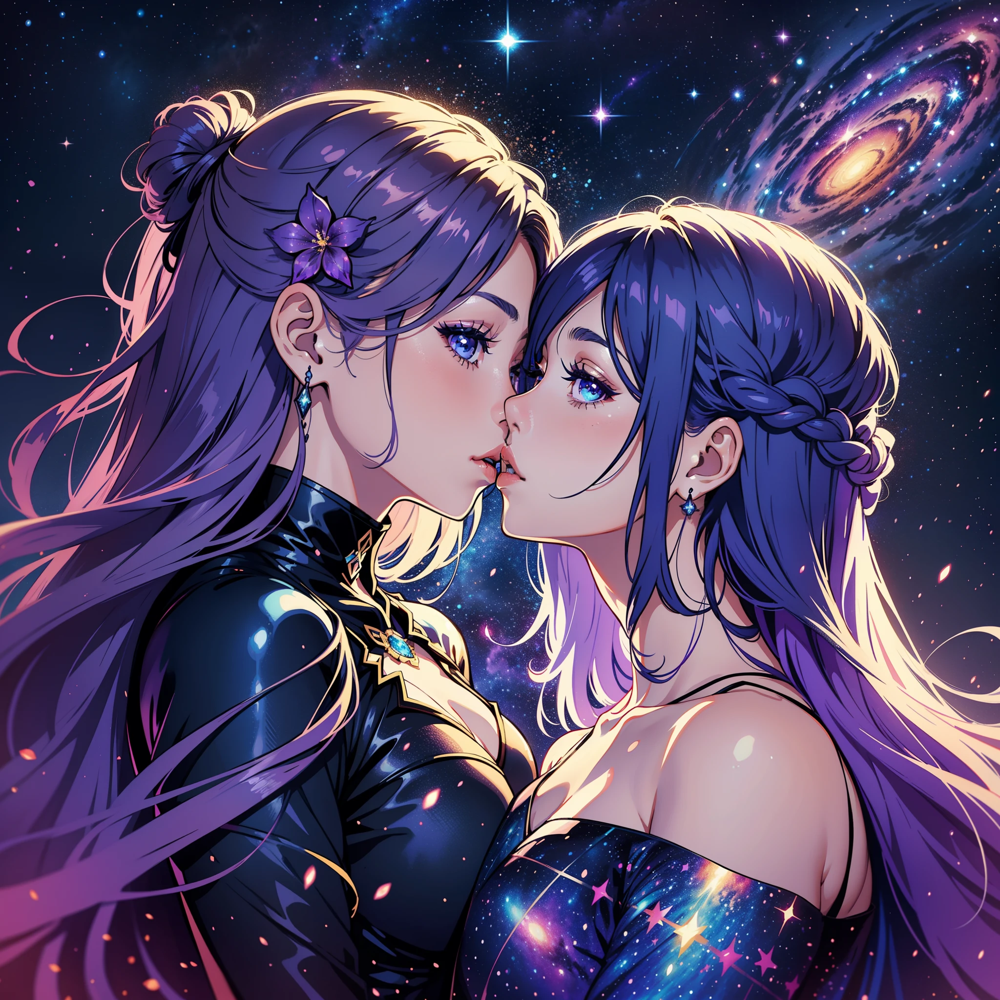 adesivo, fundo simples, portrait, 2 girls, couple, kissing, girl with long hair, beautiful galaxy girl, galaxy aesthetic, beautiful girl, very beautiful fantasy art, beautiful and elegant female galaxy, beautiful detailed fantasy, purple and blue color palate, purple color-theme