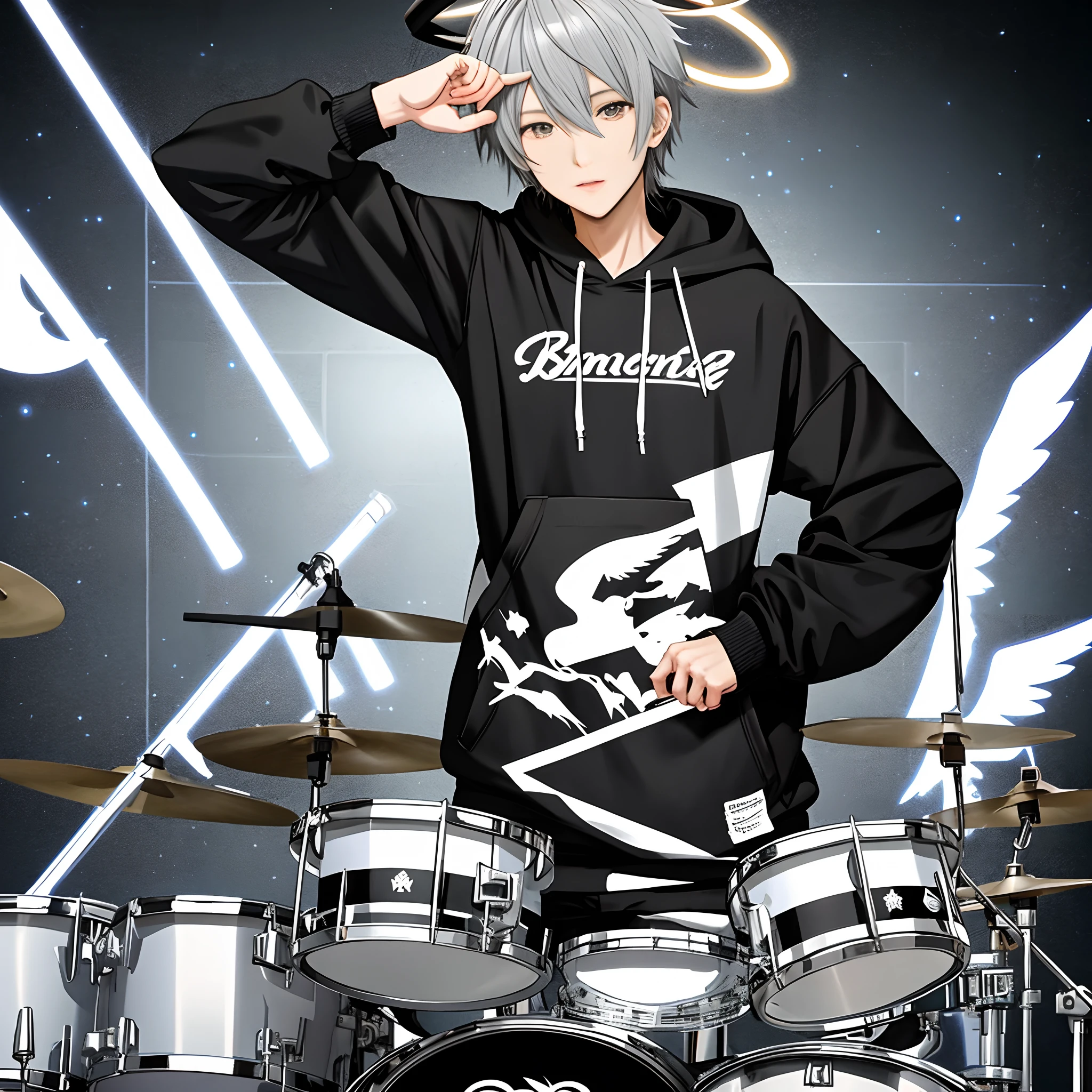 Anime tall boy playing drums set black hoodie with angel halo on it