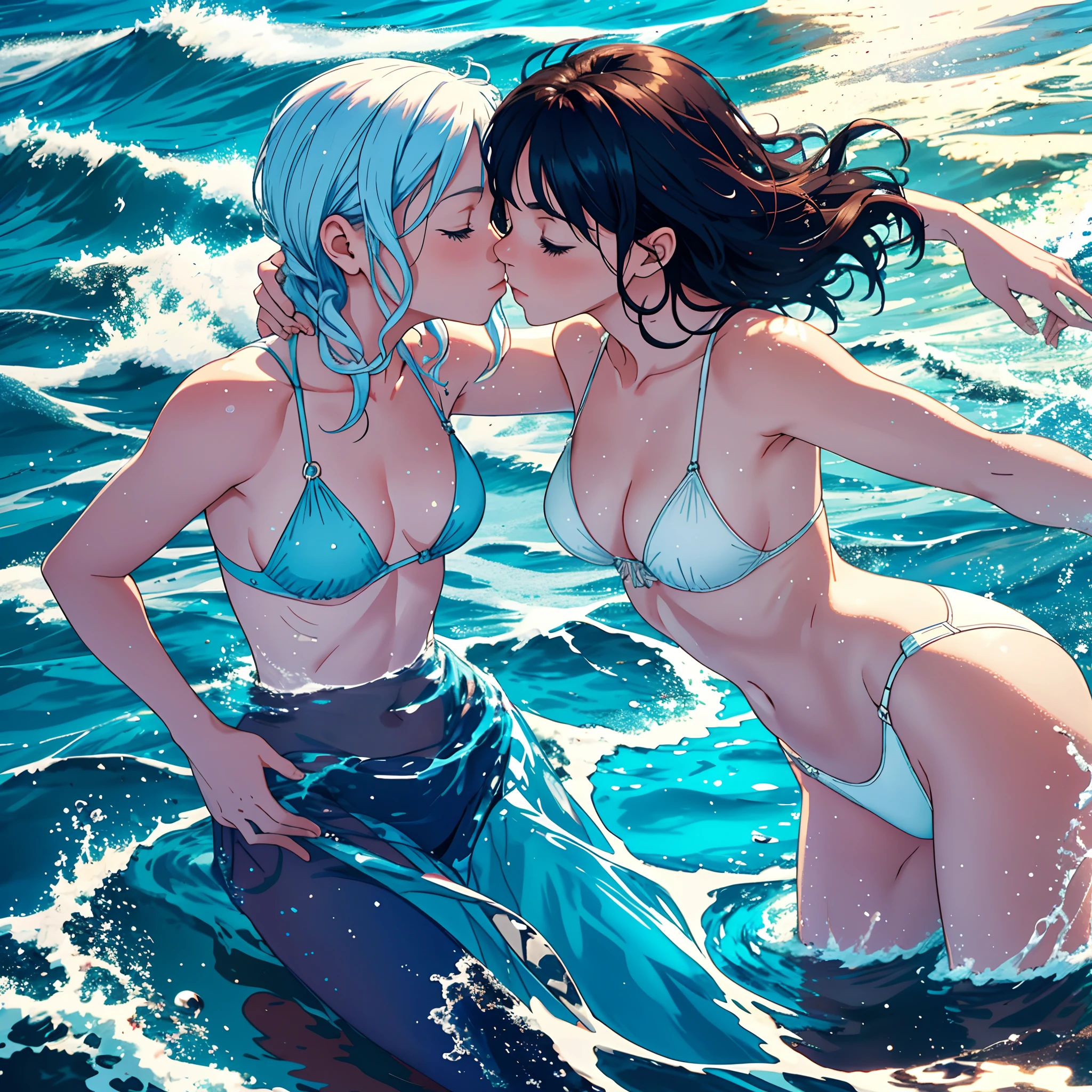arafed woman and woman in the ocean embracing and kissing, hug, shot from movie, description, wonderful scene, photoshoot, sexy movie photo, still from the movie, slick design, movie promotional image, !!beautiful!!, still shot from movie, high resolution movie still, by Max Dauthendey, delightful, highly detaild, beautifull, recognizable