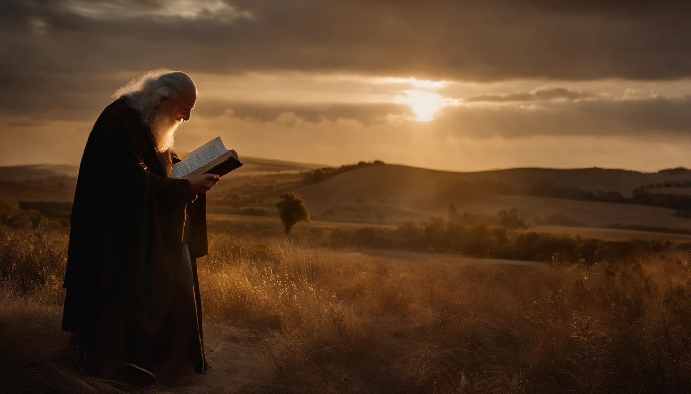 (Biblical times) ao (Left side of the image is an old man holding a luminous book in his hands) ao (Right side of the image there is a scary demon) (Biblical times) profundidade de campo, Bokeh, realismo, fotorrealista, hiper-realismo, fotografia profissional, 8k UHD , DSLR, HDR , piece of master, melhor qualidade, filme granulado, pintura fotorrealista, Fujifilm XT3