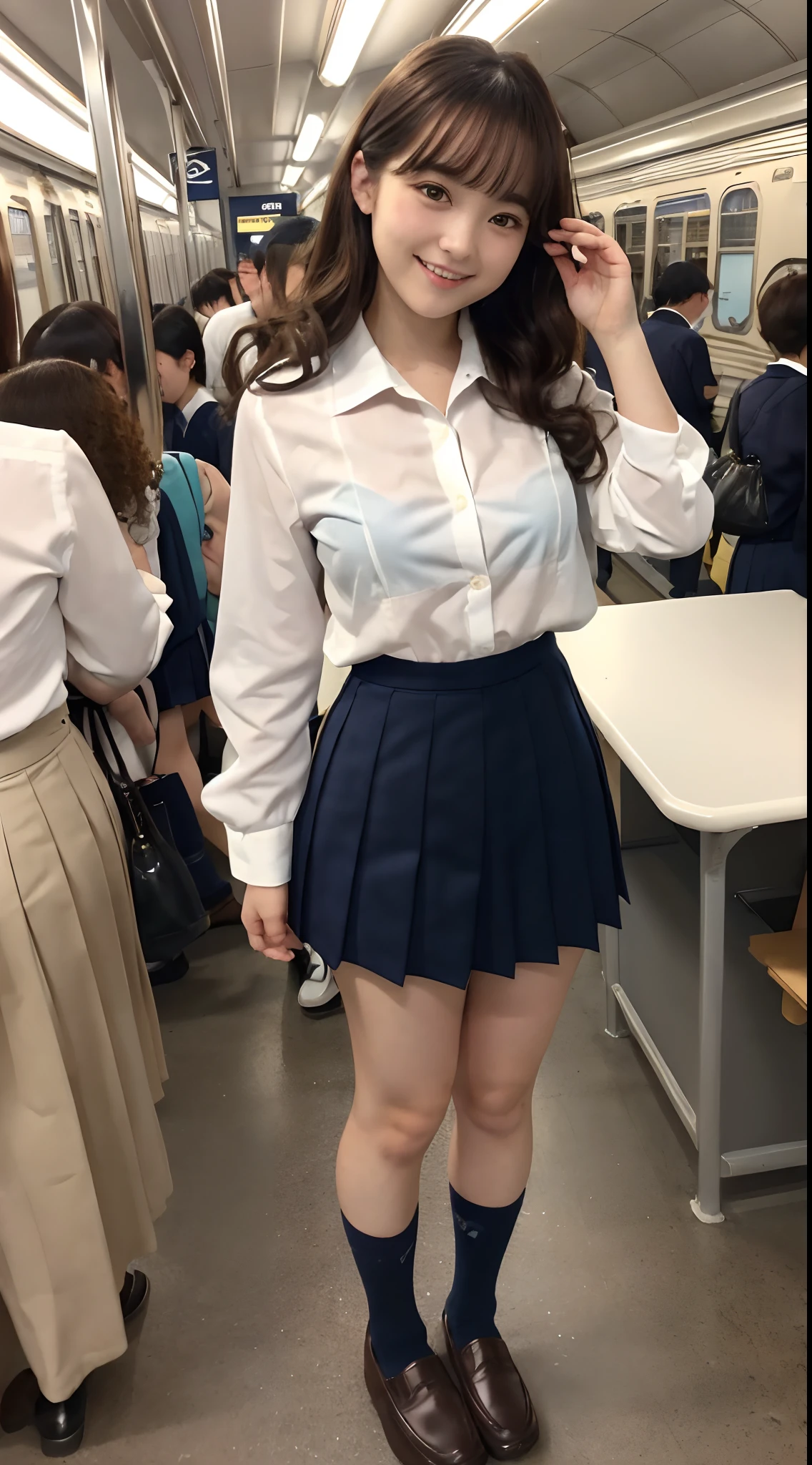 (8K, 超A high resolution, Best Quality, masutepiece:1.2),(18year old:1.2)、(Look away)、8K、RAW portrait of japanese girl、Photorealsitic、超A high resolution、top-quality、 (quite massive chest、Hide all breasts:1.2)(hi-school girl、White collared shirt、a fairly large gap in the shirt,、Navy Pleated Mini Skirt:1.3)、(Standing on a crowded station platform:1.2) Charming smile、(Long straight brown hair incurly roll、Black loafers、Navy Socks:1.2)