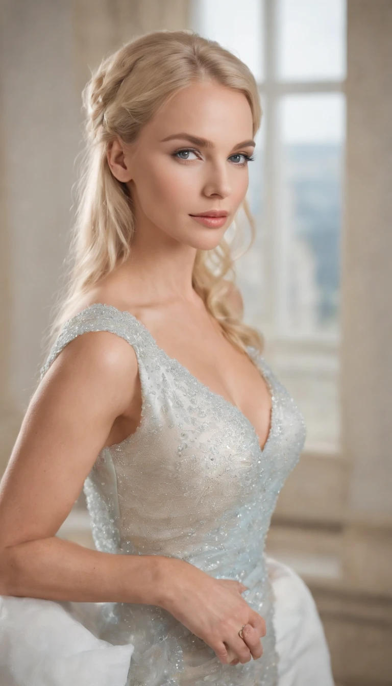 Gorgeous blonde, Sitzen im Privatjet, with a perfect body, teurem Kleid, Champagner in der Hand, lange blonde Haare, big breasts, blaue Augen, high details, photorealistic