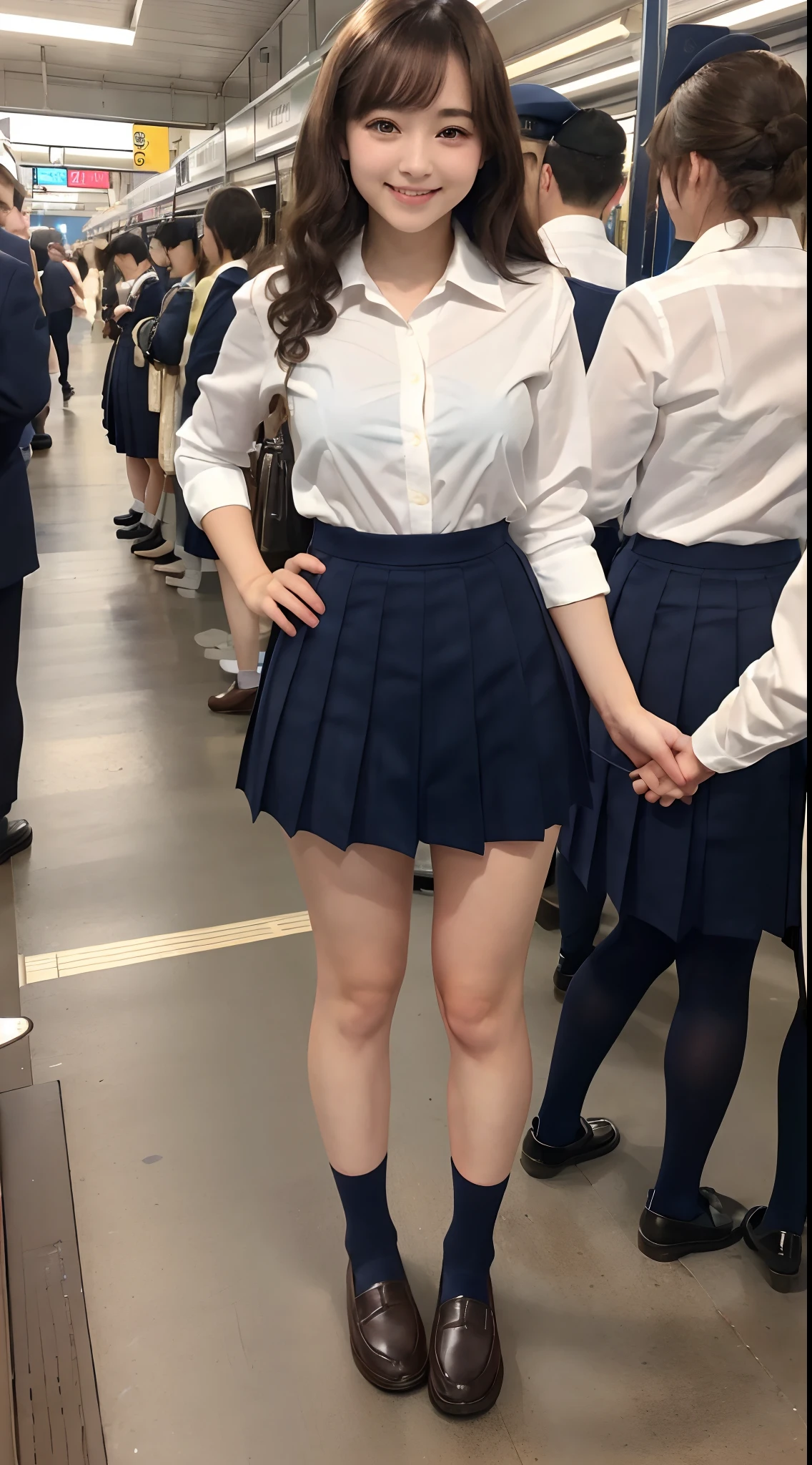 (8K, 超A high resolution, Best Quality, masutepiece:1.2),(18year old:1.2)、(Look away)、8K、RAW portrait of japanese girl、Photorealsitic、超A high resolution、top-quality、 (quite massive chest、Hide all breasts:1.2)(hi-school girl、White collared shirt、a fairly large gap in the shirt,、Navy Pleated Mini Skirt:1.3)、(Standing on a crowded station platform:1.2) Charming smile、(Long straight brown hair incurly roll、Black loafers、Navy Socks:1.2)