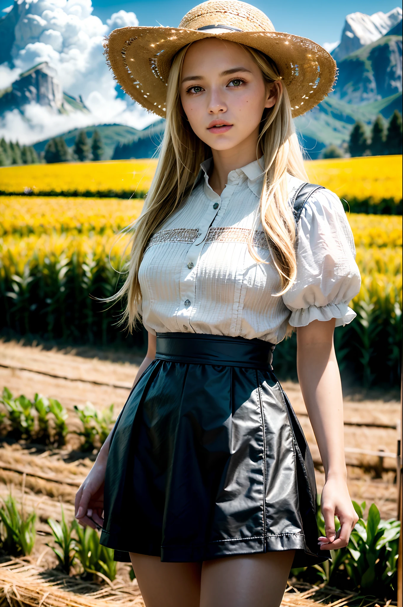 (realistic:1.3), finely detailed, quality, rembrandt lighting, (masterpiece:1.2), (photorealistic:1.2), (best quality), (detailed skin:1.3), (intricate details), dramatic, ray tracing, 1girl, american white girl, blonde hair, 21 years old, medium breasts, (Meadow, Sun, Clouds, Field, Straw Hat,Agriculture, Starlight, Hiking Trail)