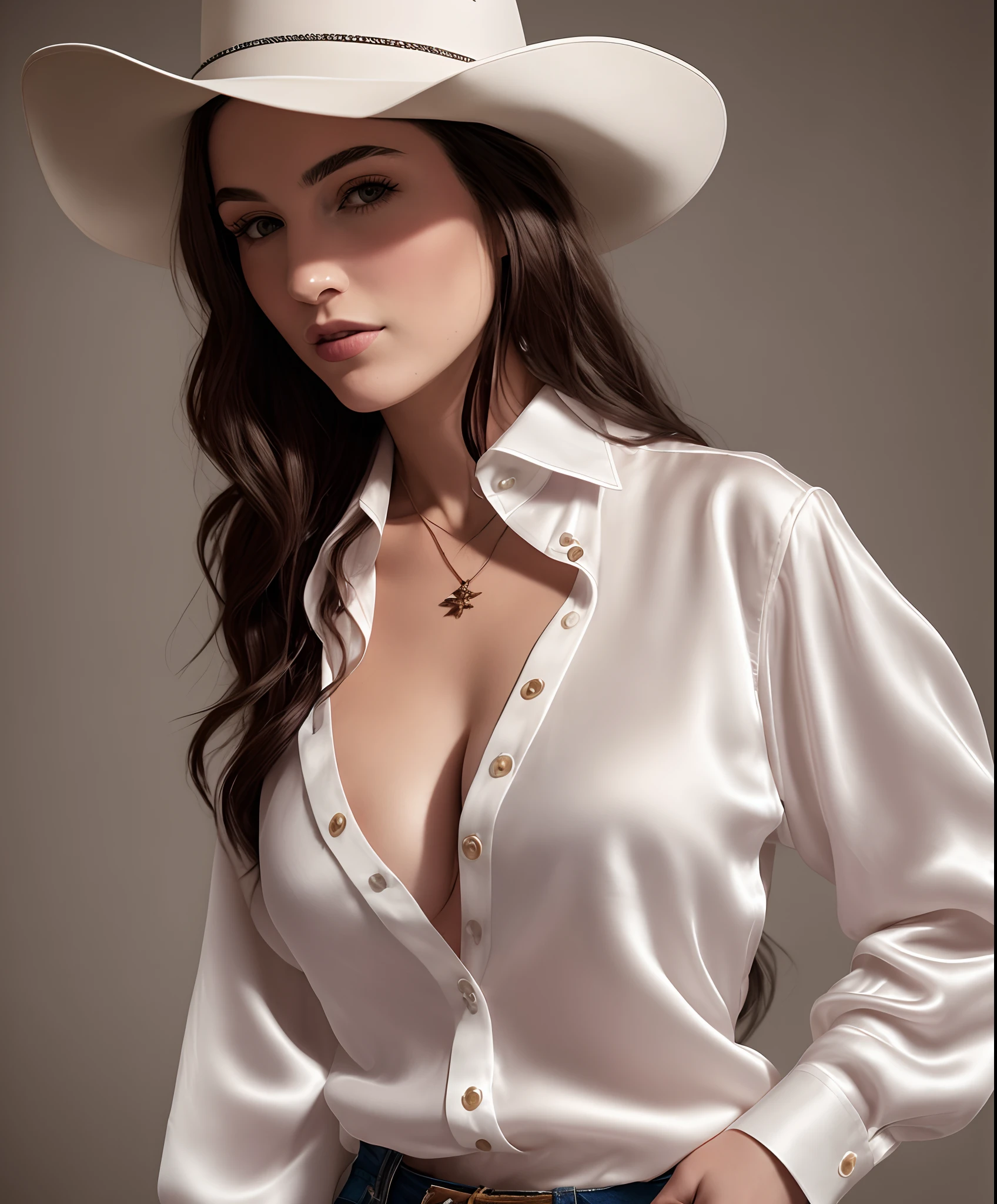 realistic photo of a woman's bust, with long dark hair, wearing a cowboy hat, wearing only a white silk shirt, with some buttons open and showing part of her breast, with a soft light on her
