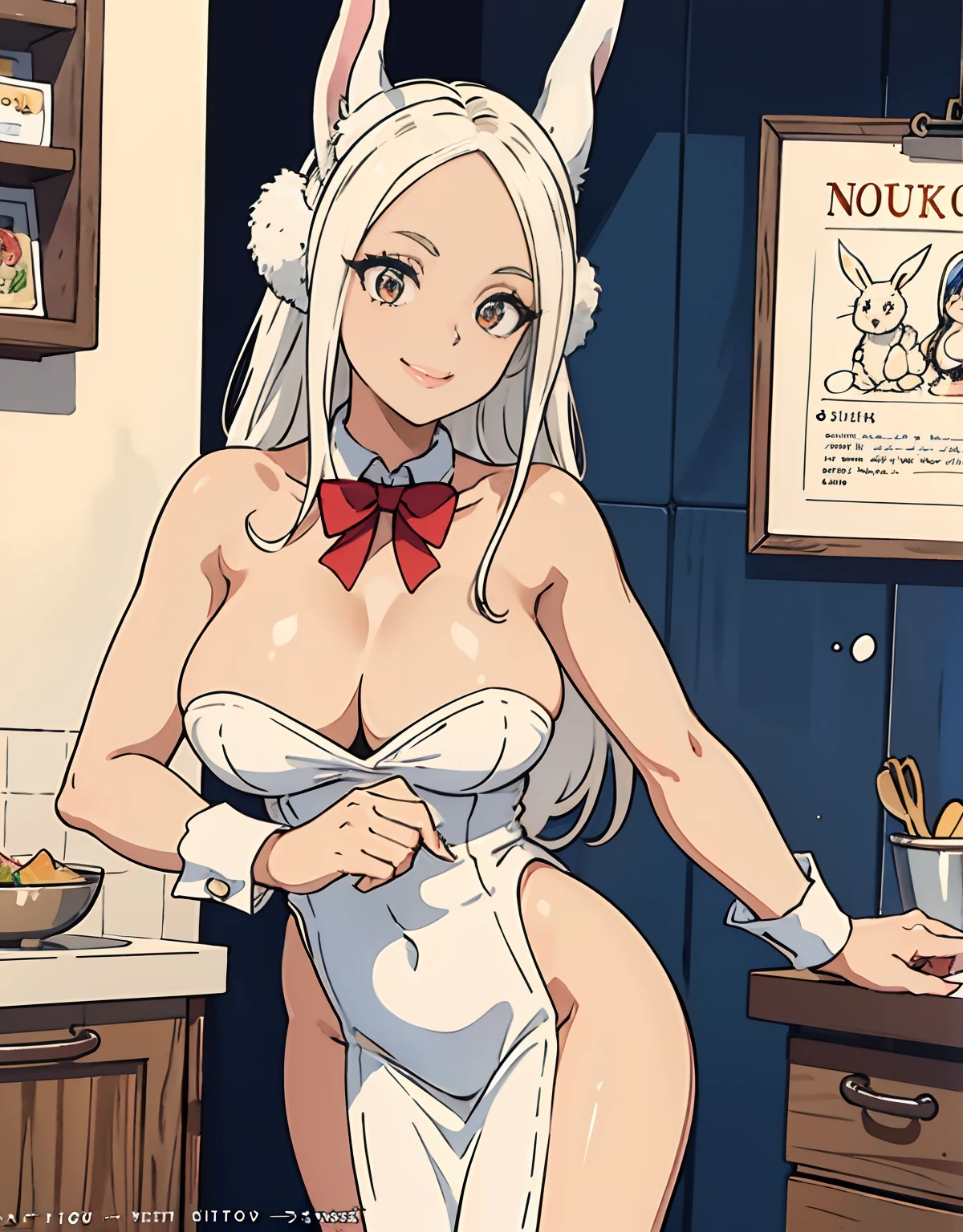 (Best Quality, Masterpiece),sexy mommy, Front cover of a women's cooking magazine, naked,  erotic, 18+, nsfw, 1girl, 30 years old, stunning, cute, smile, hourglass figure, Maid costume, beautiful food, text, diagrams, advertisements, magazine title,                                                                                      long white hair,red detailed sparkling eyes, rabbit ears ,One strand of hair hangs down over his forehead