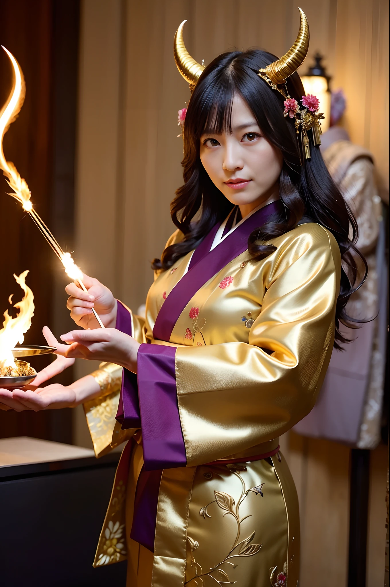 ((World of Darkness)),Professional , masterpiece、top-quality、photos realistic , depth of fields 、Dark Fantasy、()、(shooting stars:0.9)、(nebulas:1.3)、A dark-haired、(White bikini armor)、(Mystical expression)、(The fox has five tails)((Fight dragons)),(Wear a beautiful kimono),(Wear a beautiful kimono with colorful floral patterns)、Jewel Gold Weapon、Particles of light),(Has a devil's mask)、Gorgeous gold weapons ,(( Gorgeous Dragon Sword)) , (Fox Mask) 、((Black Haired Beautiful Girl))、(Castle background)、(demonic wings)、((Gangle's forest background))、Beautiful Caucasian beauty、1a person、dynamic ungle,(((Two devil's horns on the head)))、Smaller head、Idle Smile、Thin and beautiful female hands、Mystical expression、Light Effects、intense fighting、Wind-effect、magic circles、With the legendary magic wand、Dragon's tail、