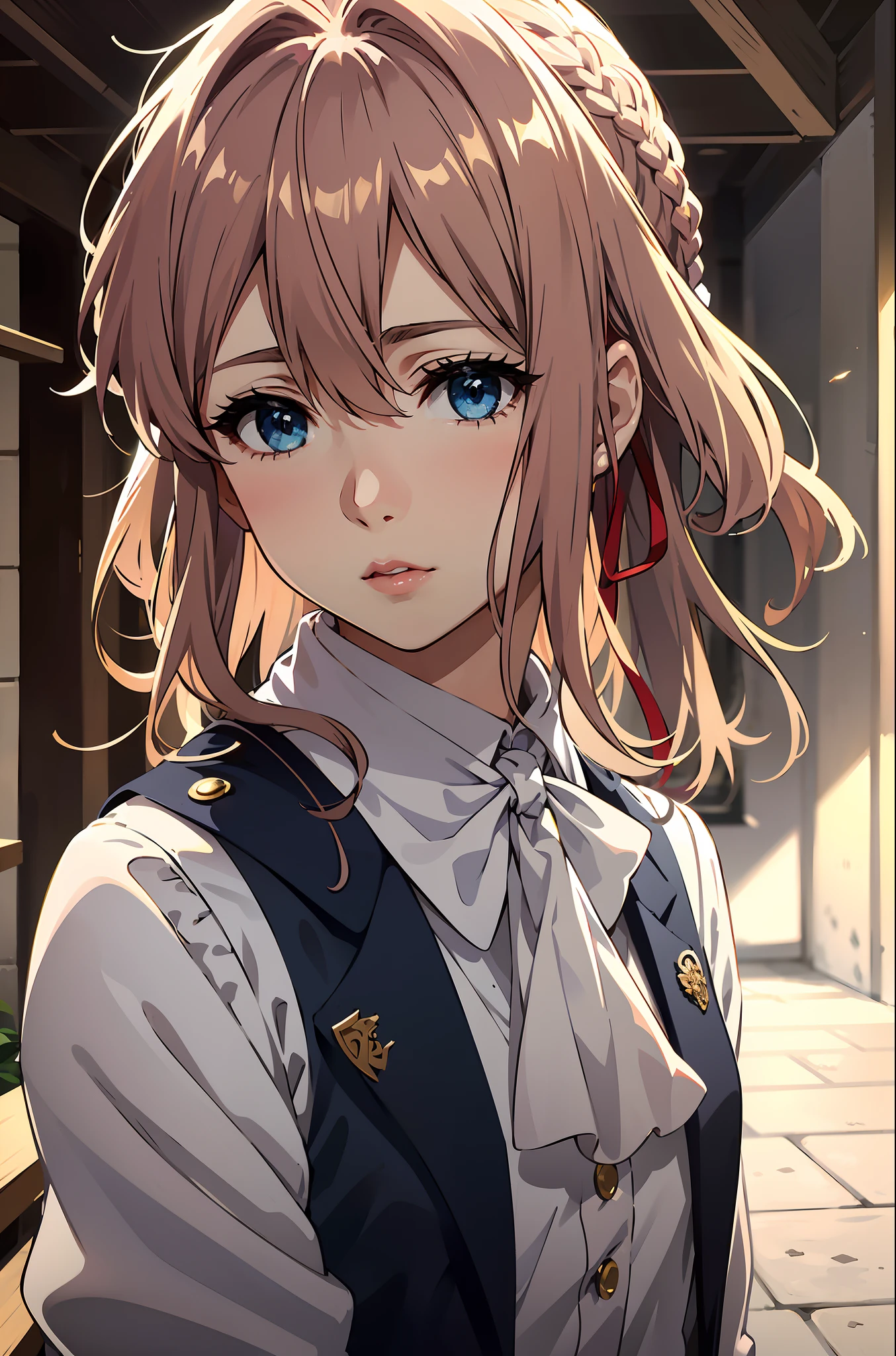 violet, 1girl, 独奏, looking a viewer, blue eyes, blonde hair, band, Hair between the eyes, Jewelry, closed mouth, jacket, hair ribbon, upper-body, braid, exteriors, skye, Day, Cloud, blurry, red ribbon, blue skies, ascot, blurred background, hair intake, blue jacket, brooch, white ascot, Masterpiece, the anime, (((Only the face in the frame))), a lot of details, (8K FHD), A face without emotion, (((Difficult posture))), (((higly detailed))), (The face of a 16-year-old girl)