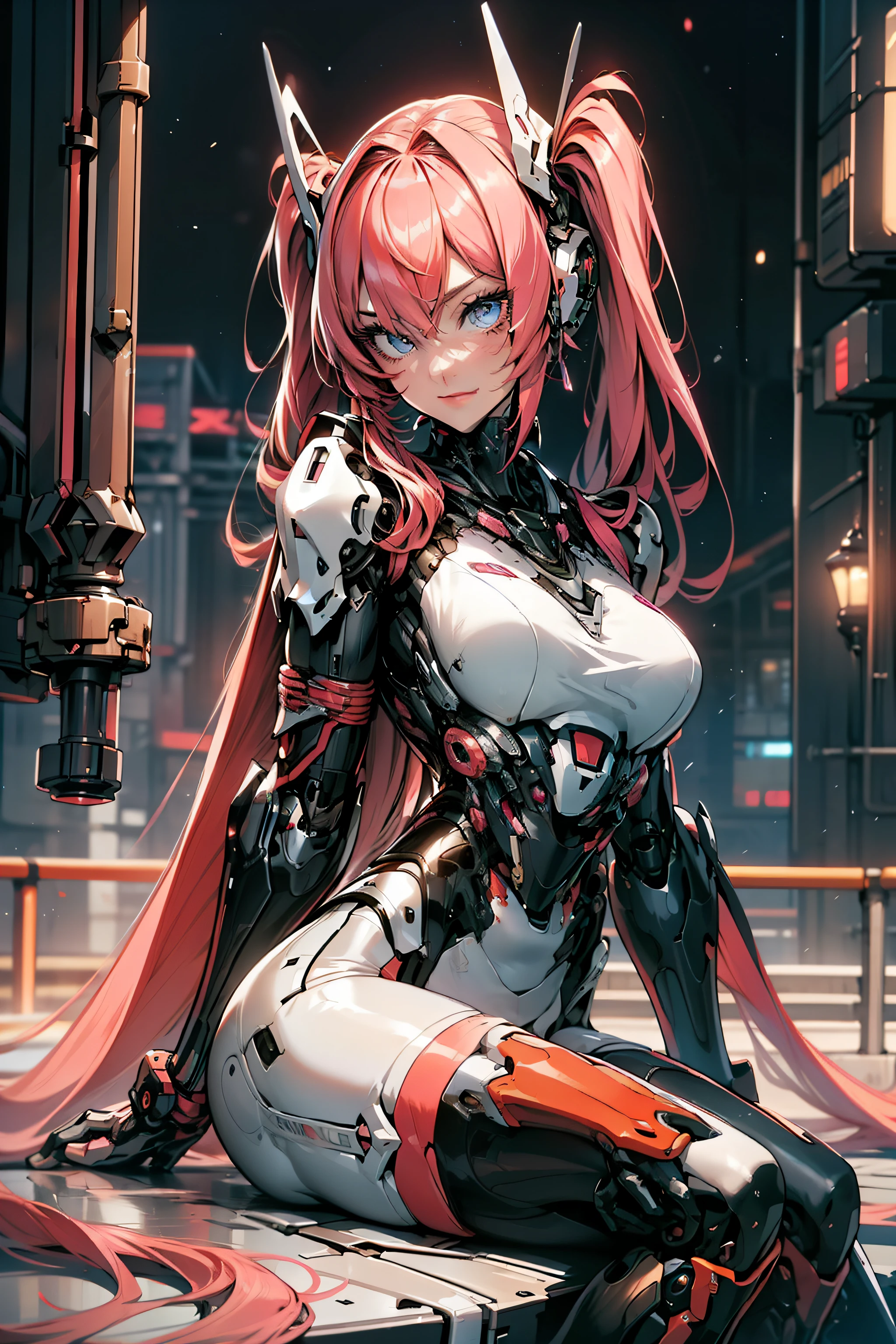 (original) , (very detailed wallpaper) , very detailed illustrations, (1 Girl) , beautiful eyes, (delicate face) , perfect detail,(long hair:1.3),(sitting:1.4), (twintails:1.2), red eyes, pink hair, smile ,pink lips, bright blue eyes, closed mouth,
((mechanical parts)), mechanical spine, mechanization, future, wide hips, laboratory, ((mecha)), stylish energy \(module\), repairing, (giantess1.4), The surrounding scene looks small,The main character gets bigger,( and the surrounding scenes get smaller to make the main character bigger1.),(The scene gets smaller1.2), outdoors, cyberpunk, city lights, night sky, neon lamp, Light Enhancement ,orange theme
(best lighting) , (super complex detail) , 4K Unity, (super detailed CG: 1.2) , (8K: 1.2) ,
, (bondage,:1.4) ,