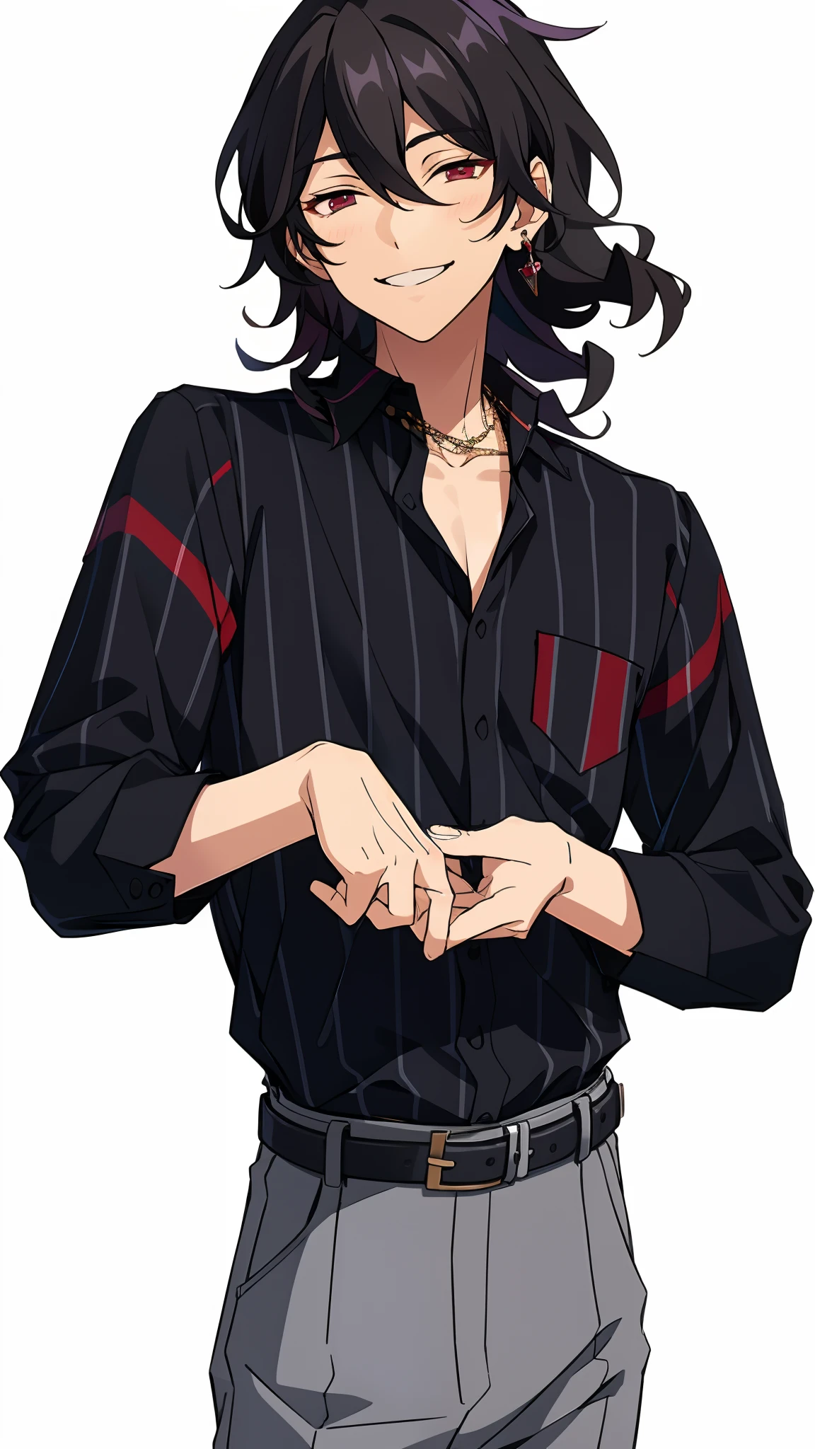 masterpiece, best quality, absurdres, cute, ultra-detailed, perfect anatomy, outdoors, sakuma rei, ensemble stars, solo, smile, shirt, black hair, 1boy, holding, jewelry, male focus, belt, pants, black shirt, striped shirt