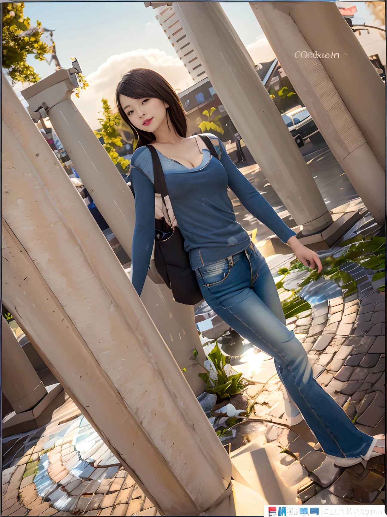 ((Best quality, realisticlying, 8k ultra high definition, Masterpiece: 1.3)), Focus: 1.5, Slim and slim figure,Petite,being thin: 1.4, (long beautiful hair,hair straight,Brown Black,Delicate hair)), (Wet clothes: 1.1) , (rain, the street: 1.3), 1 beautiful maiden(18yr old), 独奏,Black slip sweater, No bra, Raised breasts cleavage, Petite: 1.5, Big breasts Thin waist,Small buttocks,The flat lower abdomen is exposed,Stylish long jeans,(Low Waist),(Open navel), (Branded fashion flared pants:1.2), (Stylish washed blue trousers:1.2),Premium texture: 1.3, High-quality granularity, (Nice little crystal sandals: 1.2), Legs are well-proportioned,Highly detailed face and skin texture,petty face,Super nice looking, Beautiful eyes, 二重まぶた , delicated, beautifuldetails, Fair face and skin, Smile, Toothy,lipsticks,There are dimples,(female focus, waistup & hips focus, close focus, hdr shot), Legs together, varied pose,taken from behind (full bodyesbian: 1.8))