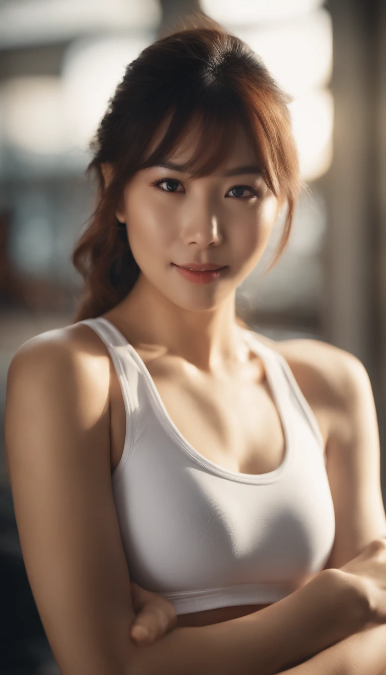 4k high quality, studio setup, 3 point lighting, cinematic photo shoot, soft lighting, realistic lighting, japan girl with beautiful body, beautiful face, wearing sport shorts, t-shirt, slim body, smiling at camera, seductive pose