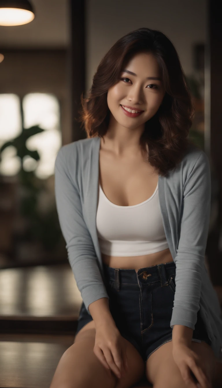 4k high quality, studio setup, 3 point lighting, cinematic photo shoot, soft lighting, realistic lighting, japan girl with beautiful body, beautiful face, wearing sport shorts, t-shirt, slim body, smiling at camera, seductive pose