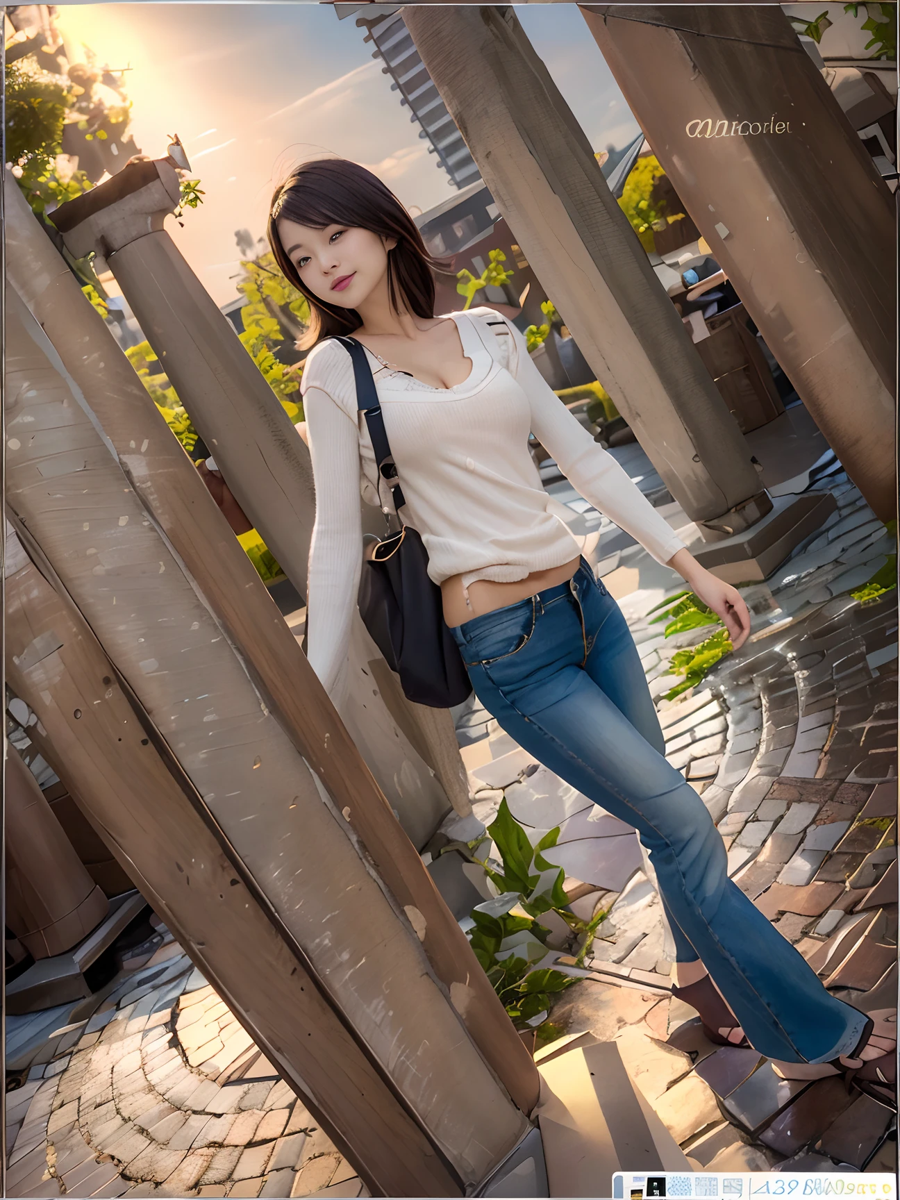 ((Best quality, realisticlying, 8k ultra high definition, Masterpiece: 1.3)), Focus: 1.5, Slim and slim figure,Petite,being thin: 1.4, (long beautiful hair,hair straight,Brown Black,Delicate hair)), (Wet clothes: 1.1) , (rain, the street: 1.3), 1 beautiful maiden(18yr old), 独奏,Black slip sweater, No bra, Raised breasts cleavage, Petite: 1.5, Big breasts Thin waist,Small buttocks,The flat lower abdomen is exposed,Stylish long jeans,(Low Waist),(Open navel), (Branded fashion flared pants:1.2), (Stylish washed blue trousers:1.2),Premium texture: 1.3, High-quality granularity, (Nice little crystal sandals: 1.2), Legs are well-proportioned,Highly detailed face and skin texture,petty face,Super nice looking, Beautiful eyes, 二重まぶた , delicated, beautifuldetails, Fair face and skin, Smile, Toothy,lipsticks,There are dimples,(female focus, waistup & hips focus, close focus, hdr shot), Legs together, varied pose,taken from behind (full bodyesbian: 1.8))