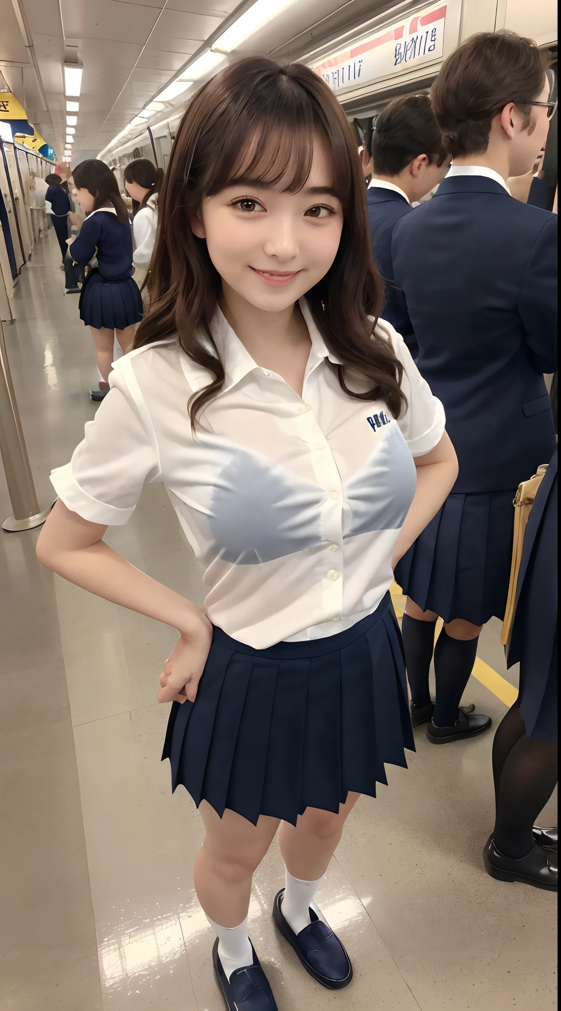 (8K, 超A high resolution, Best Quality, masutepiece:1.2),(18year old:1.2)、(Look away)、8K、RAW portrait of japanese girl、Photorealsitic、超A high resolution、top-quality、 (quite massive chest、Hide all breasts:1.2)(hi-school girl、White collared shirt、a fairly large gap in the shirt,,、Navy Pleated Mini Skirt:1.38)、(Standing on a crowded station platform:1.2) Charming smile、(Long straight brown hair rolls curly、Black loafers、Navy Socks:1.2)