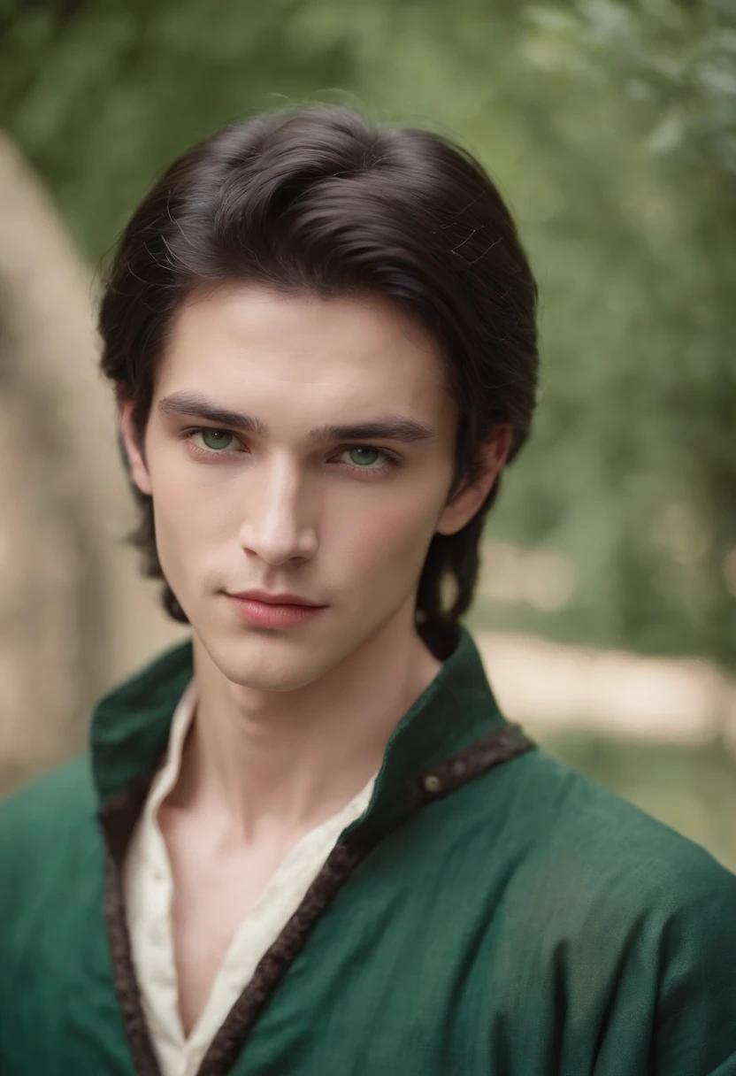 fair complexion, man around 19 years old, natural black hair, distinctive green eyes, wearing blouse, slender and graceful, average looking, candlelight in a medieval setting, ultra sharp focus, realistic shot, medieval male clothes, tetradic colors (scar:1.4)