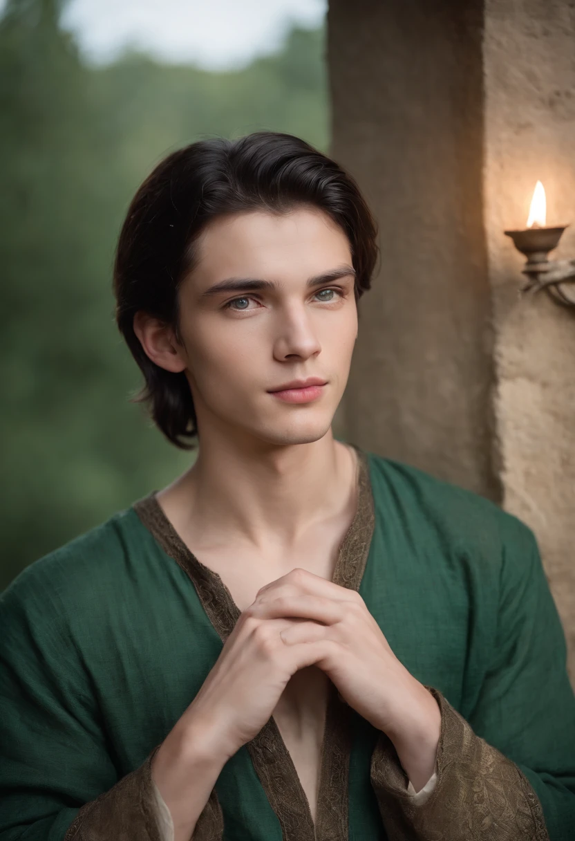 fair complexion, man around 19 years old, natural black hair, distinctive green eyes, wearing blouse, slender and graceful, average looking, candlelight in a medieval setting, ultra sharp focus, realistic shot, medieval male clothes, tetradic colors (scar:1.4)