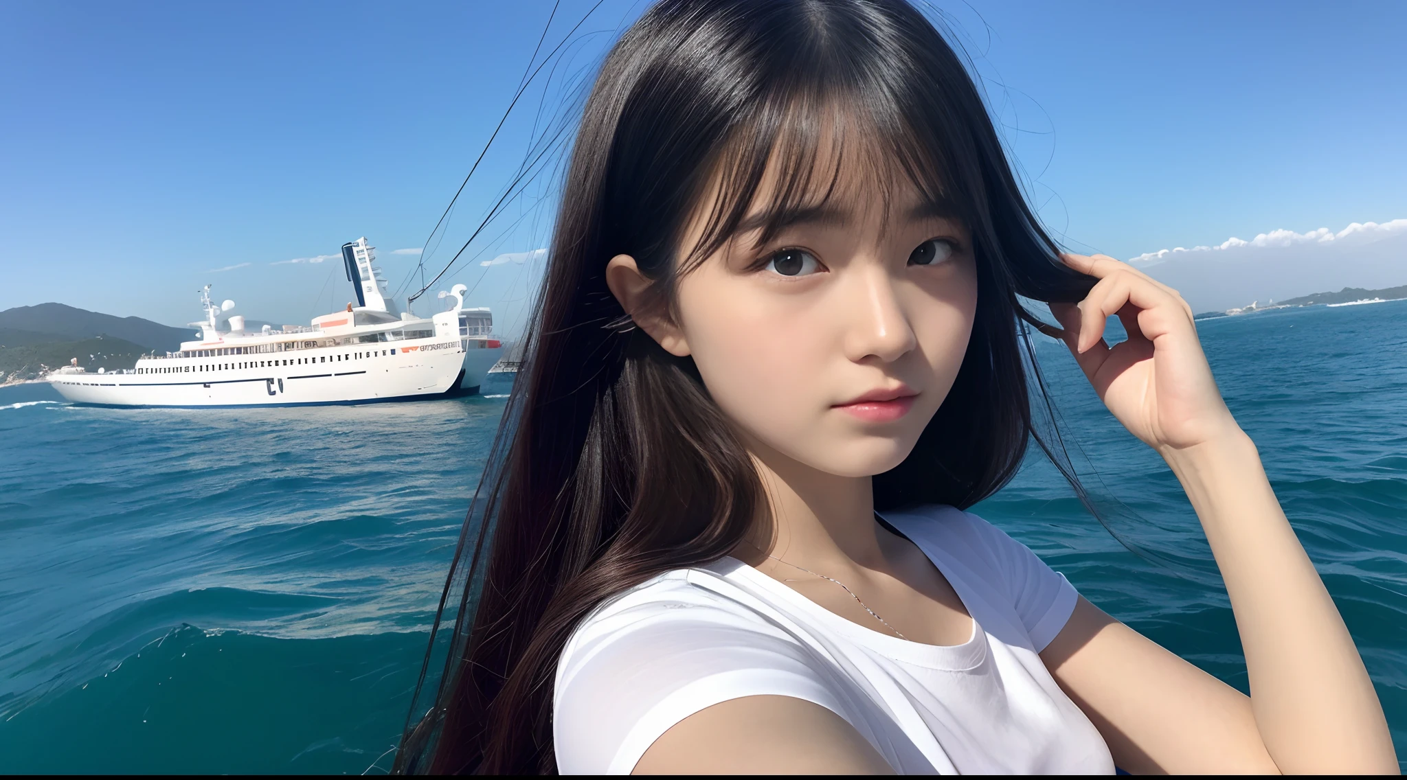 A 16-year-old girl，Leaning on the bow of the ship on a long voyage，Look at the lens head-on，Close-up of the face