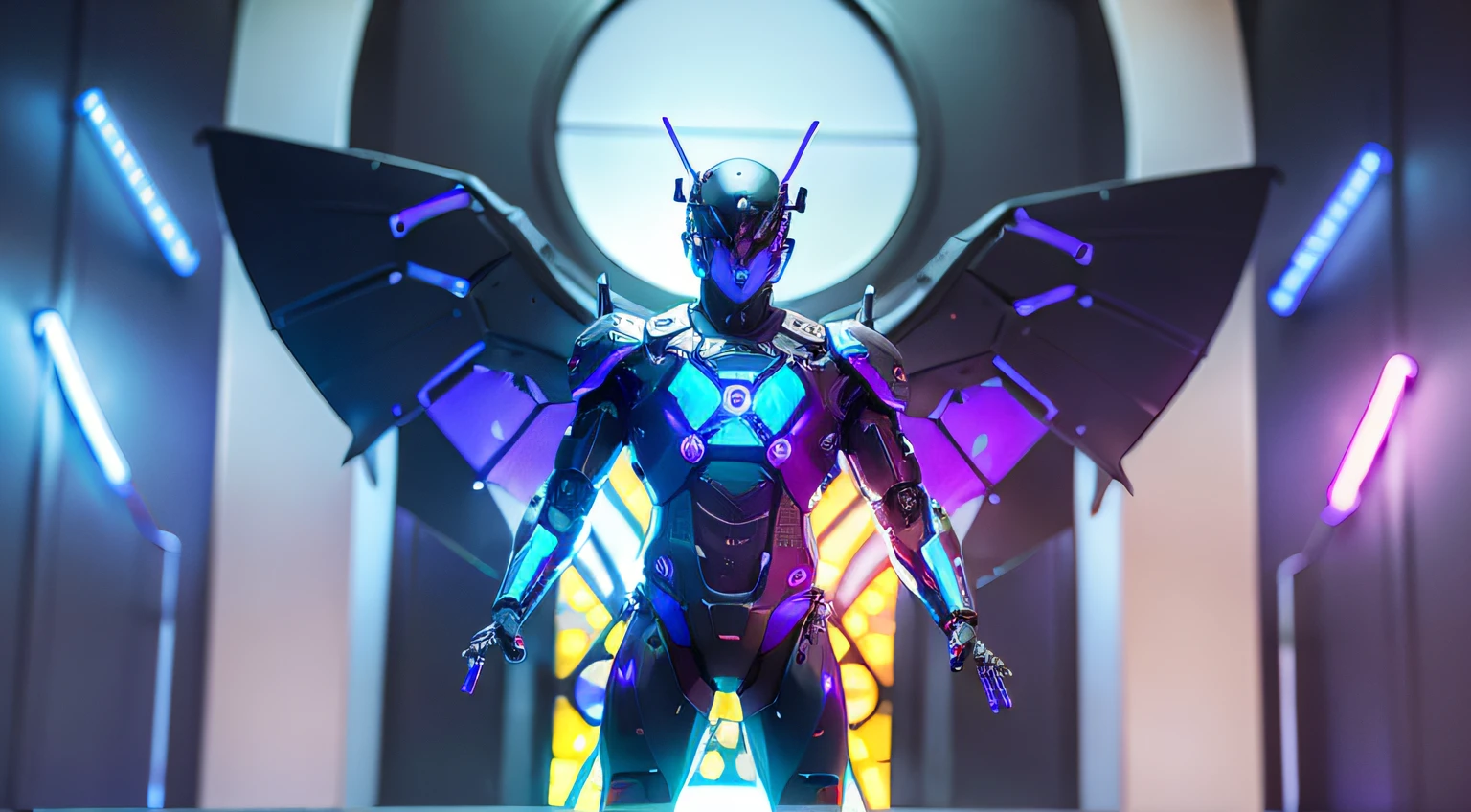 MALE. MAN. MAN. MALE..wings leds, divine paradise. neon blue and Purple butterfly wings leds. heavenly illumination. God. Holy robotic. levitating. Position of god. Deitado na cama. strong, robust and masculine body. fat arms. Position of divinity. Floating. divine statue, pedestal, holy pedestal. levitating. masterpiece, best quality, a close up of a futuristic looking cyborg man with a fantastic cyber helmet head with blue and Purple triangle led lights and a halo,statue of saint, statue in church. statues in church, a pedestal with a cyborg saint. A Cyborg Male Saint. a church chapel with saint. wearing a blue and Purple techwear jacket, white church in background. jump, full body, robotic legs. divine statue, pedestal, holy pedestal. neon blue and Purple butterfly wings leds. MASCULINE. MALE MASCULINE. Boy Muscular. statue of saint, statue in church. statues in church, a pedestal with a cyborg saint. A Cyborg Male Saint. a church chapel with saint.