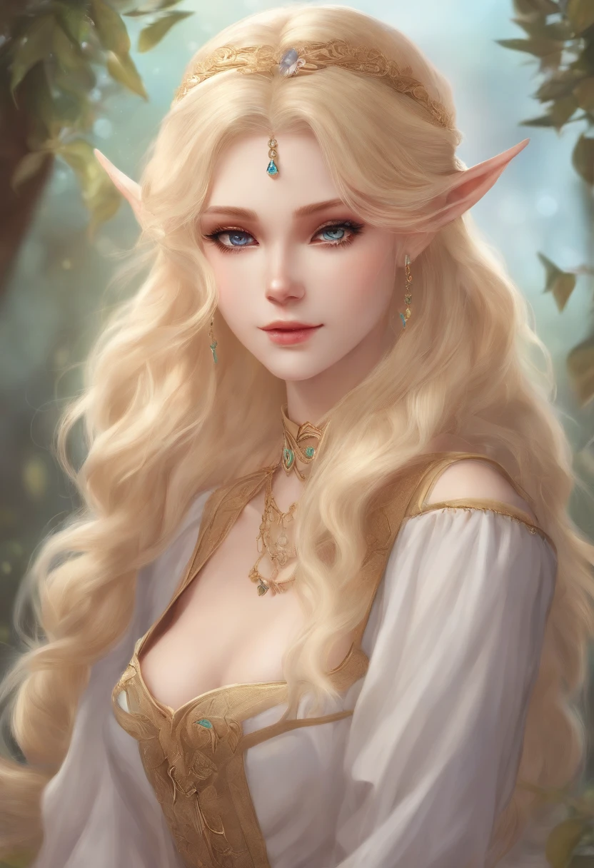 masuter piece, Best Quality, super photo realistic:1.3, Intricate details, Gorgeous blonde elf woman, (Mint Eyes), Celestine Lucullus, Perfect Anatomy, Perfect face:1.1), ((large full breasts)),(Beautiful breasts), White One Piece Uniform, Sharp Focus, ((Solo:1.4), (Full body shot), Looking at Viewer, Ultra-high definition, (1girl in:1.4), Highly detailed 8K photos, Smooth, Very perfect pixel, Detailed background, art by wlop and ross tran, the woods, Seductive,venusbody