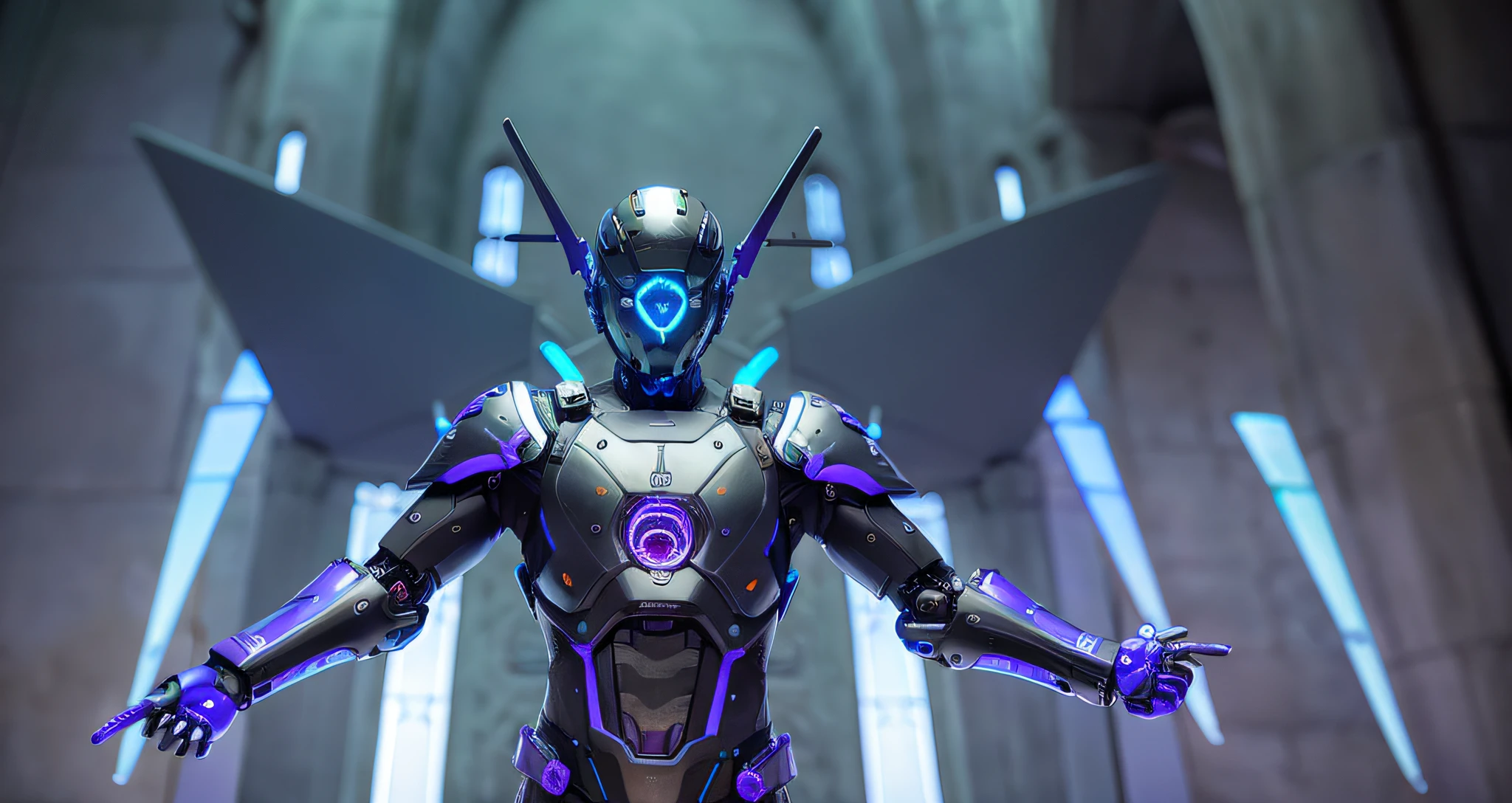 MALE. MAN. MAN. MALE..wings leds, divine paradise. neon blue and Purple butterfly wings leds. heavenly illumination. God. Holy robotic. levitating. Position of god. Deitado na cama. strong, robust and masculine body. fat arms. Position of divinity. Floating. divine statue, pedestal, holy pedestal. levitating. masterpiece, best quality, a close up of a futuristic looking cyborg man with a fantastic cyber helmet head with blue and Purple triangle led lights and a halo,statue of saint, statue in church. statues in church, a pedestal with a cyborg saint. A Cyborg Male Saint. a church chapel with saint. wearing a blue and Purple techwear jacket, white church in background. jump, full body, robotic legs. divine statue, pedestal, holy pedestal. neon blue and Purple butterfly wings leds. MASCULINE. MALE MASCULINE. Boy Muscular. statue of saint, statue in church. statues in church, a pedestal with a cyborg saint. A Cyborg Male Saint. a church chapel with saint.