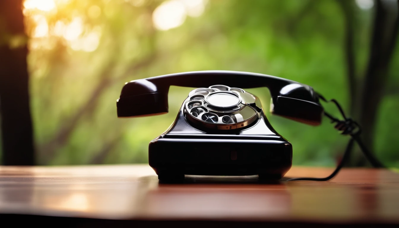 old phone on desk home background luxury tree background blurred