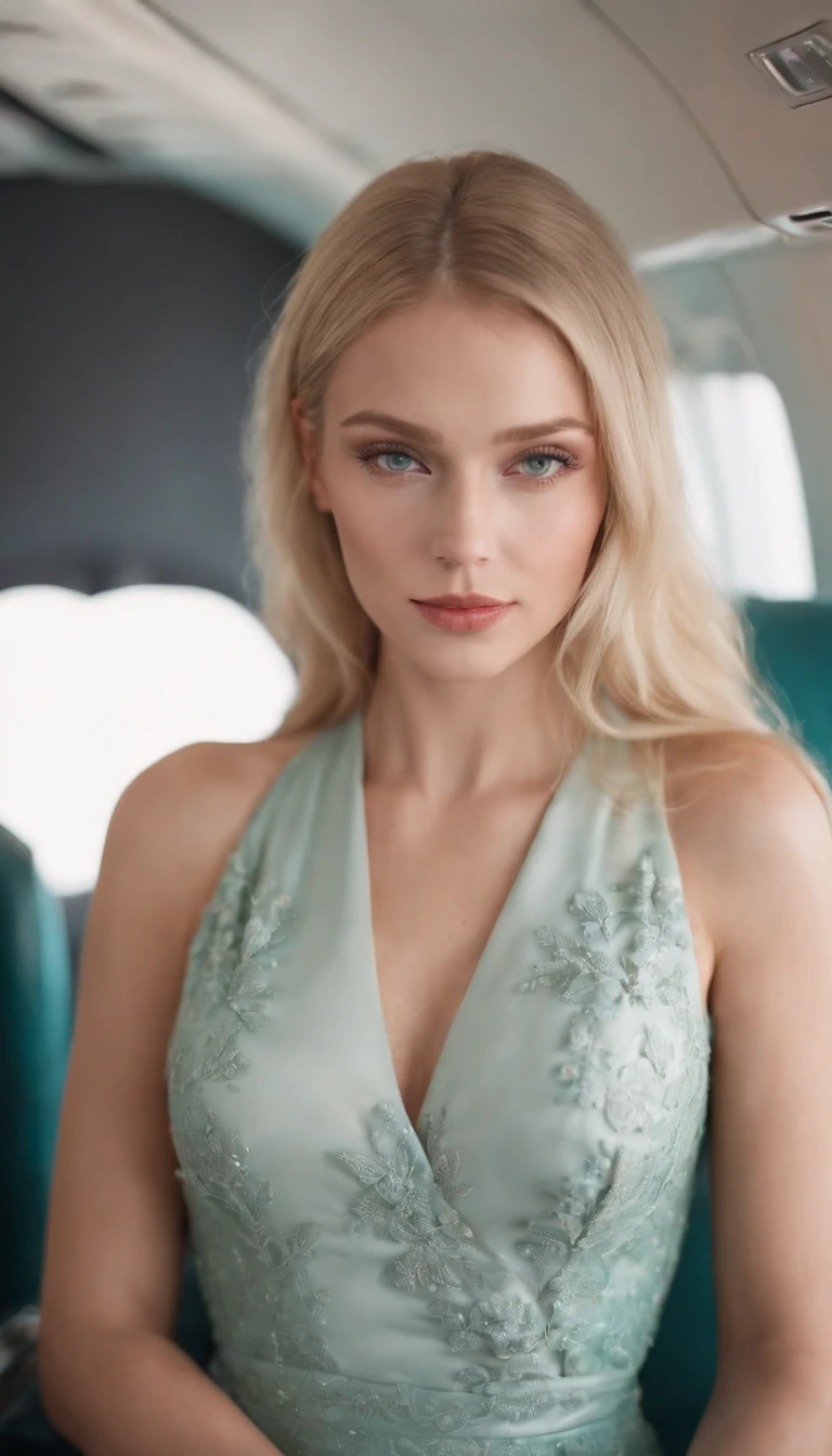 hot, beautiful blonde girl, russian 24years, stylish, in a dress, classy, sitting in a plane, private jet, blue-green eyes, nice face, face-details, skin details, background bokeh, analog photography, 8k, photorealistic