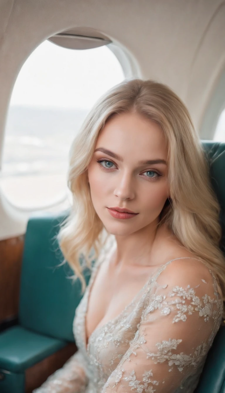 hot, beautiful blonde girl, russian 24years, stylish, in a dress, classy, sitting in a plane, private jet, blue-green eyes, nice face, face-details, skin details, background bokeh, analog photography, 8k, photorealistic