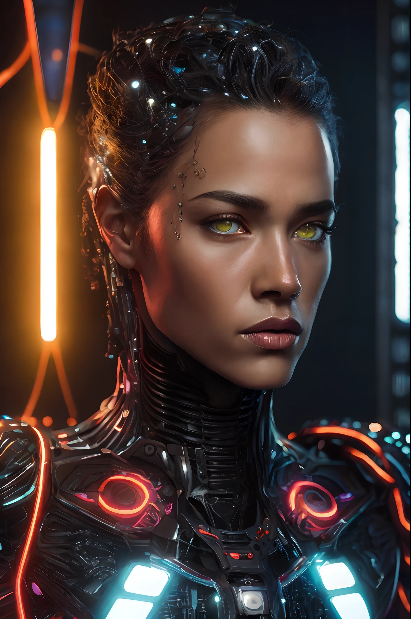 (best quality,highres,ultra-detailed:1.2),portrait,human,cyborg,dark background,strong jawline,intense gaze,metallic skin,tangled wires,glowing LED eyes,futuristic,technological,sci-fi elements,sharp contrast,neon colors,shadowy lighting,moody atmosphere,mechanical details,complex machinery,perfect symmetry --auto