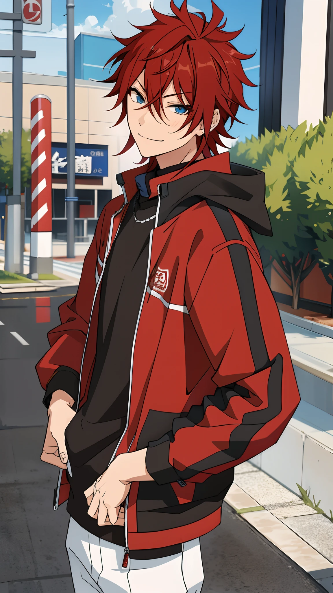 masterpiece, best quality, absurdres, cute, ultra-detailed, perfect anatomy, outdoors, amagi rinne, ensemble stars, solo, smile, 1boy, jacket, male focus, red hair, blue eyes,